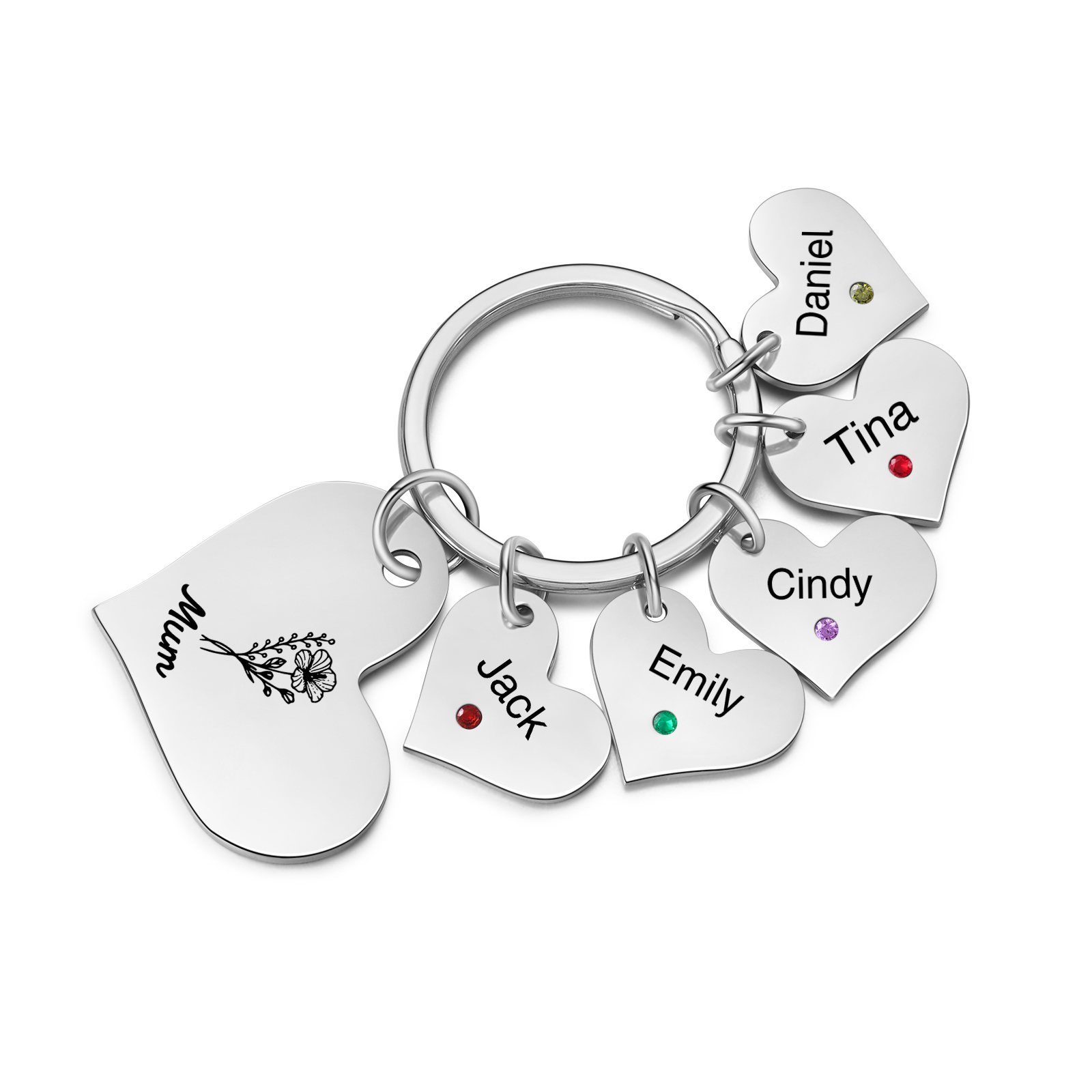 Personalised Heart Keyring – Custom 1-6 Names, Birthstones & Text – Unique Mother's Day Gifts for Her | Jessemade