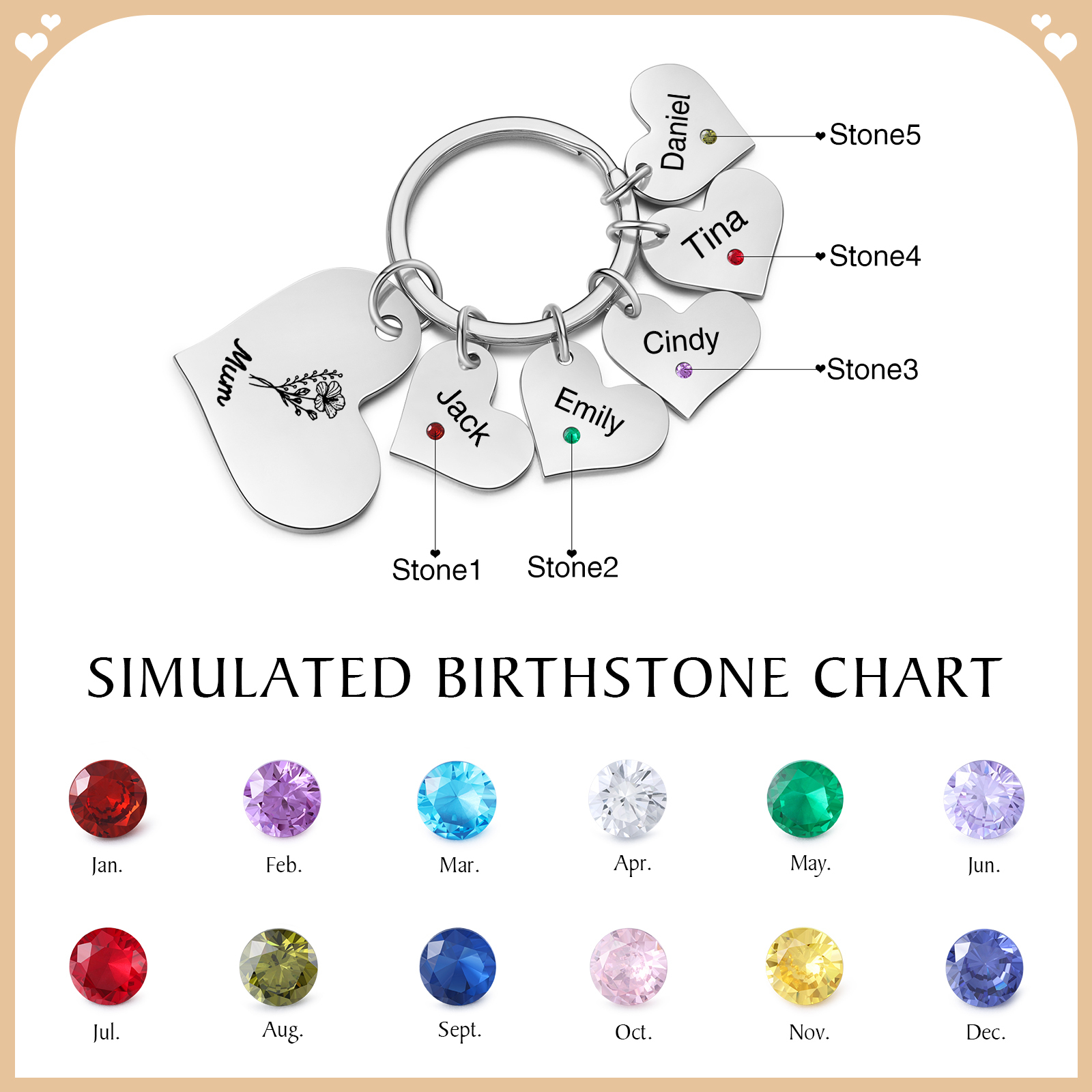 Personalised Heart Keyring – Custom 1-6 Names, Birthstones & Text – Unique Mother's Day Gifts for Her | Jessemade