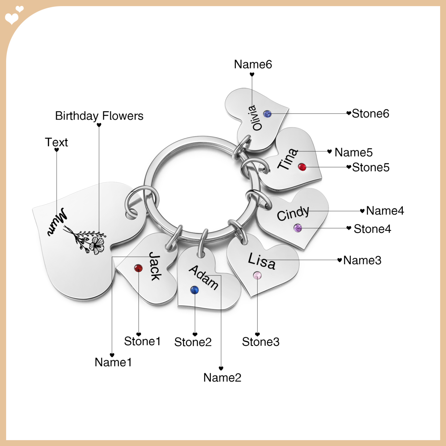 Personalised Heart Keyring – Custom 1-6 Names, Birthstones & Text – Unique Mother's Day Gifts for Her | Jessemade