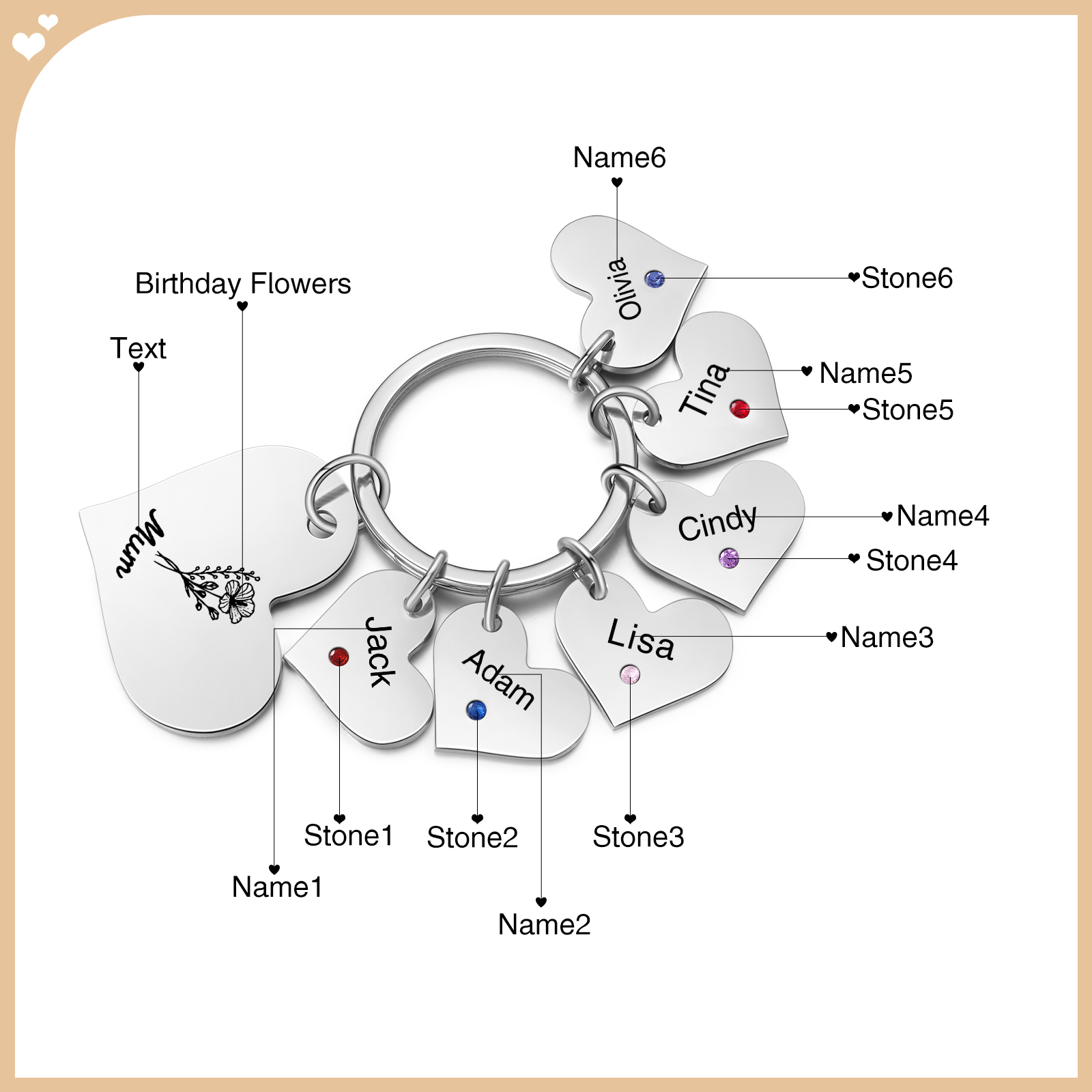 Personalised Heart Keyring – Custom 1-6 Names, Birthstones & Text – Unique Mother's Day Gifts for Her | Jessemade