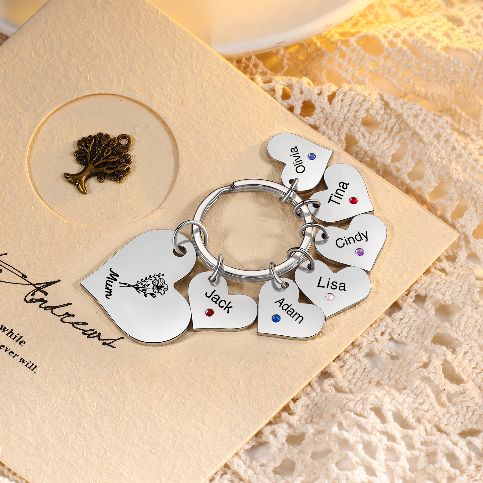 Personalised Heart Keyring – Custom 1-6 Names, Birthstones & Text – Unique Mother's Day Gifts for Her | Jessemade