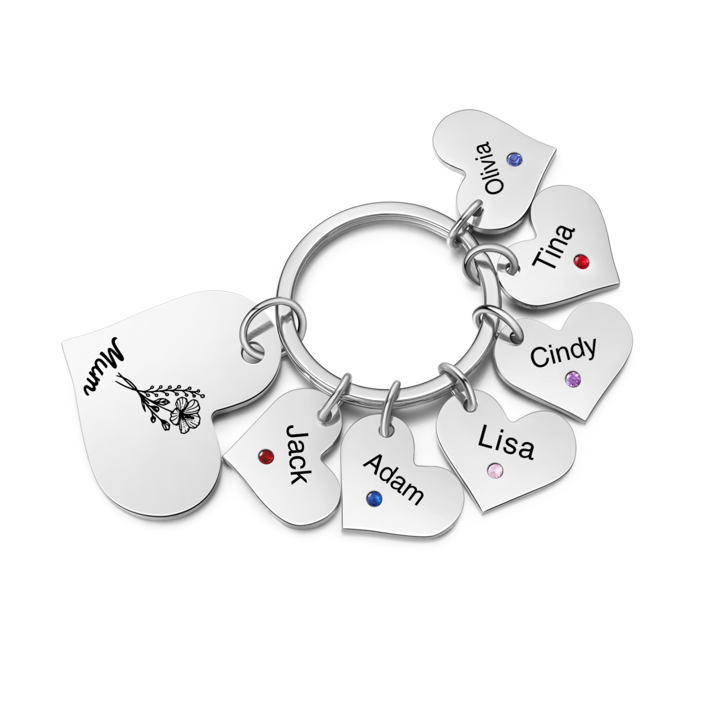 Personalised Heart Keyring – Custom 1-6 Names, Birthstones & Text – Unique Mother's Day Gifts for Her | Jessemade