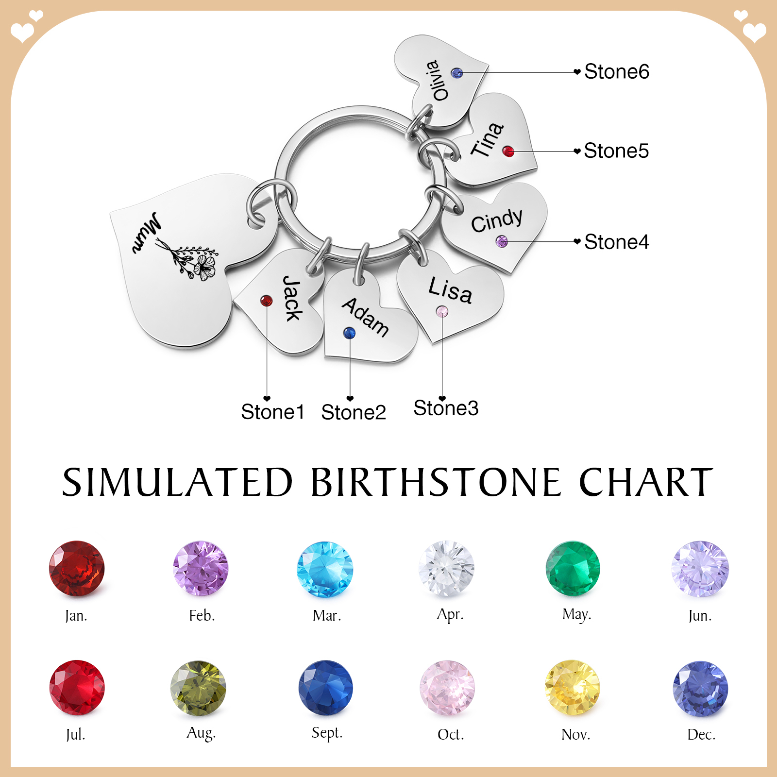 Personalised Heart Keyring – Custom 1-6 Names, Birthstones & Text – Unique Mother's Day Gifts for Her | Jessemade