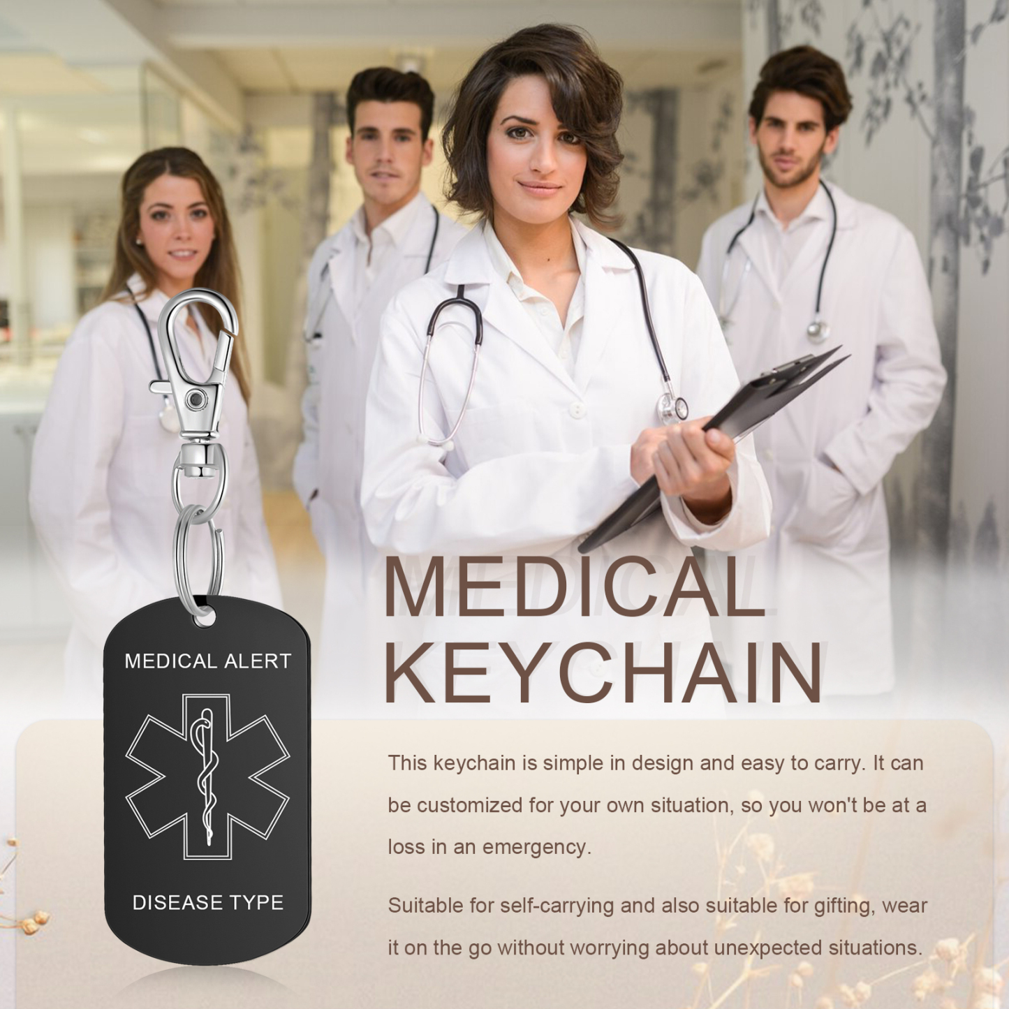 Personalised 5 Text Medical Life Star Stainless Steel Keyring for Men Women