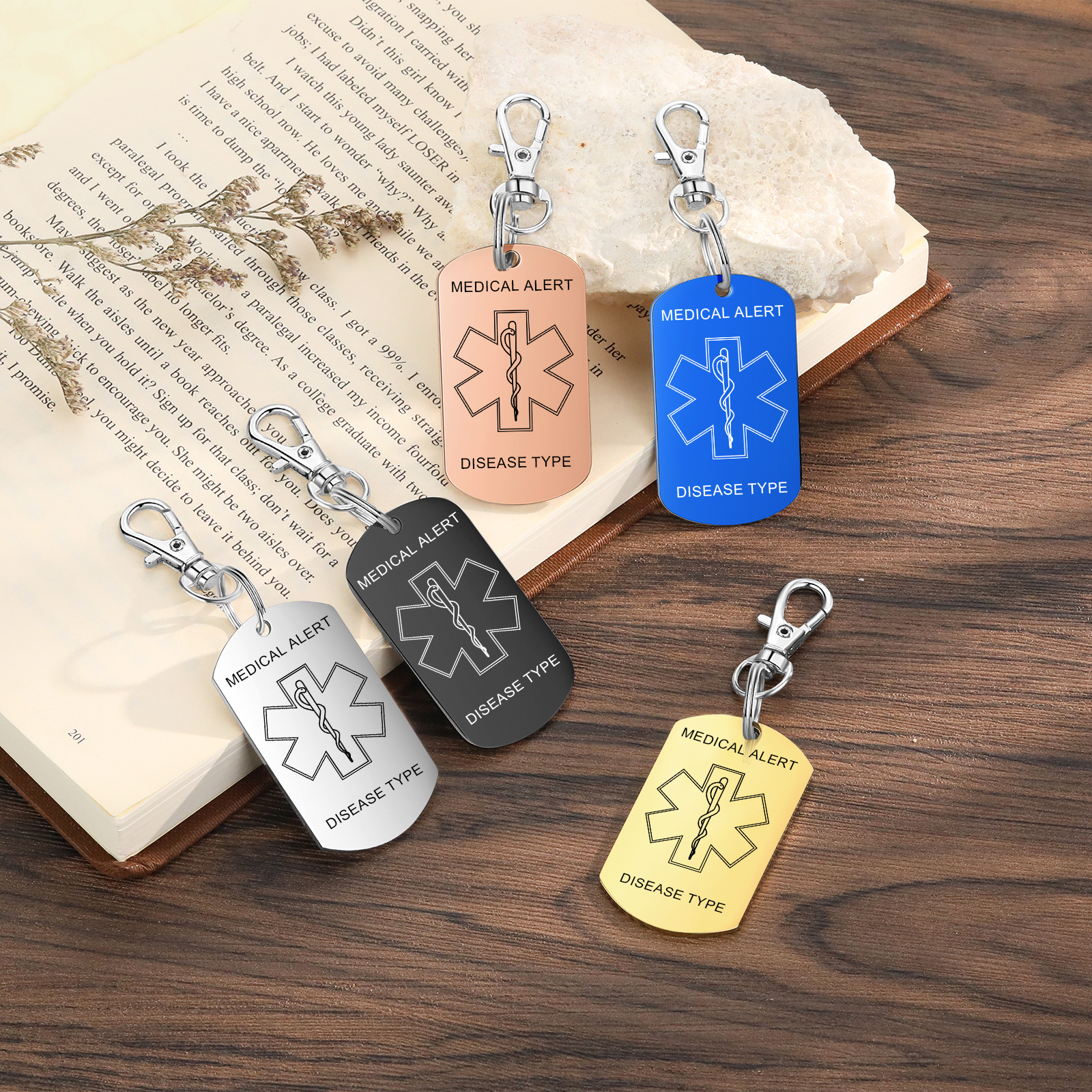 Personalised 5 Text Medical Life Star Stainless Steel Keyring for Men Women