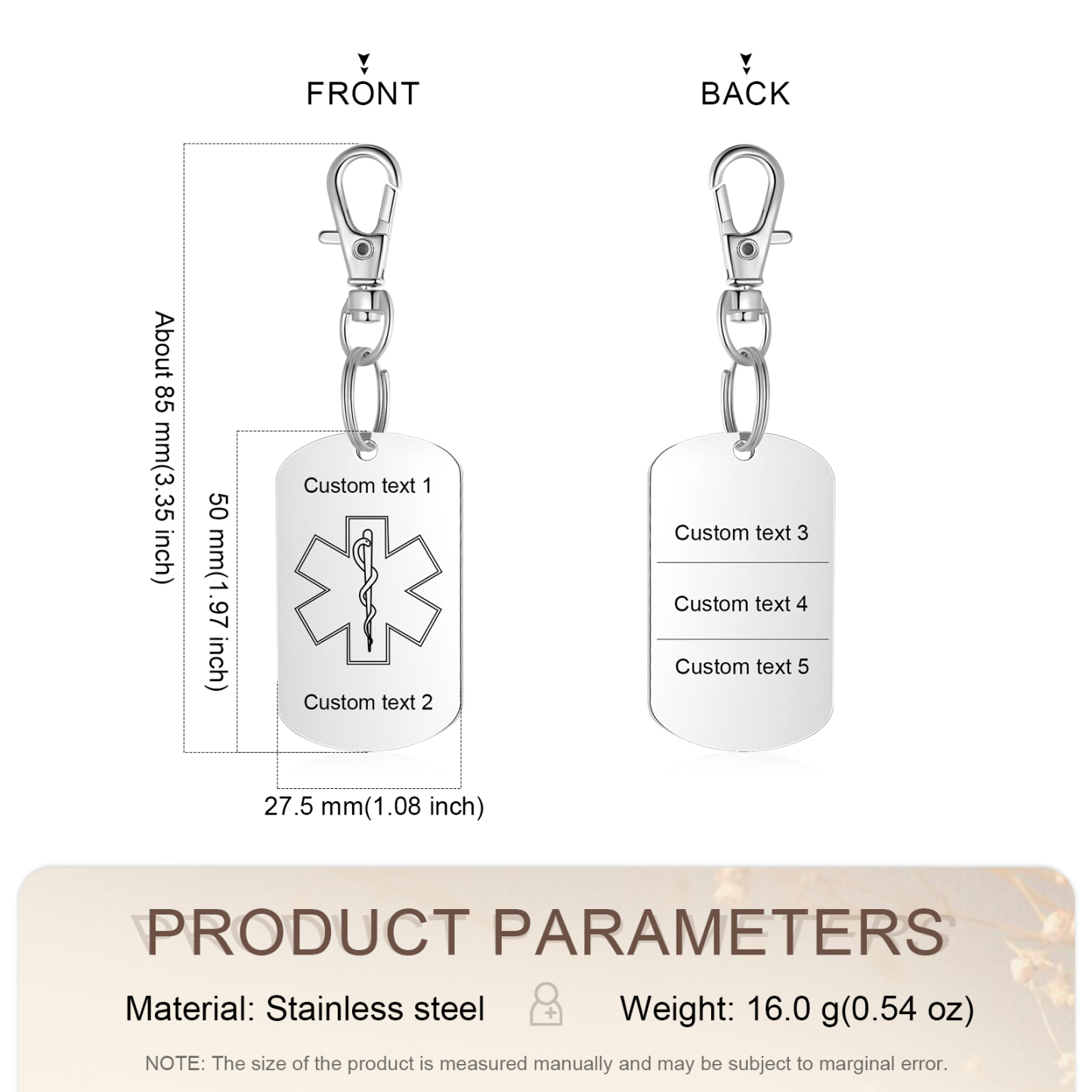Personalised 5 Text Medical Life Star Stainless Steel Keyring for Men Women
