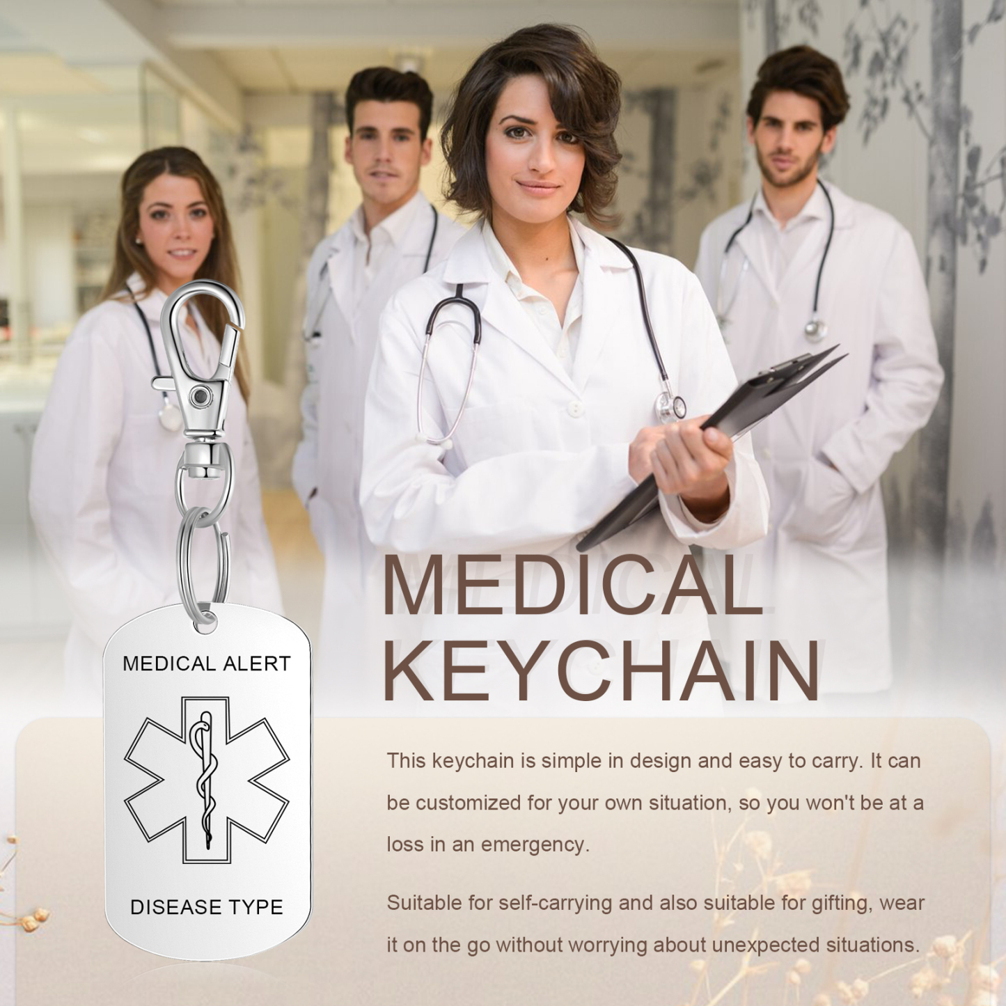 Personalised 5 Text Medical Life Star Stainless Steel Keyring for Men Women