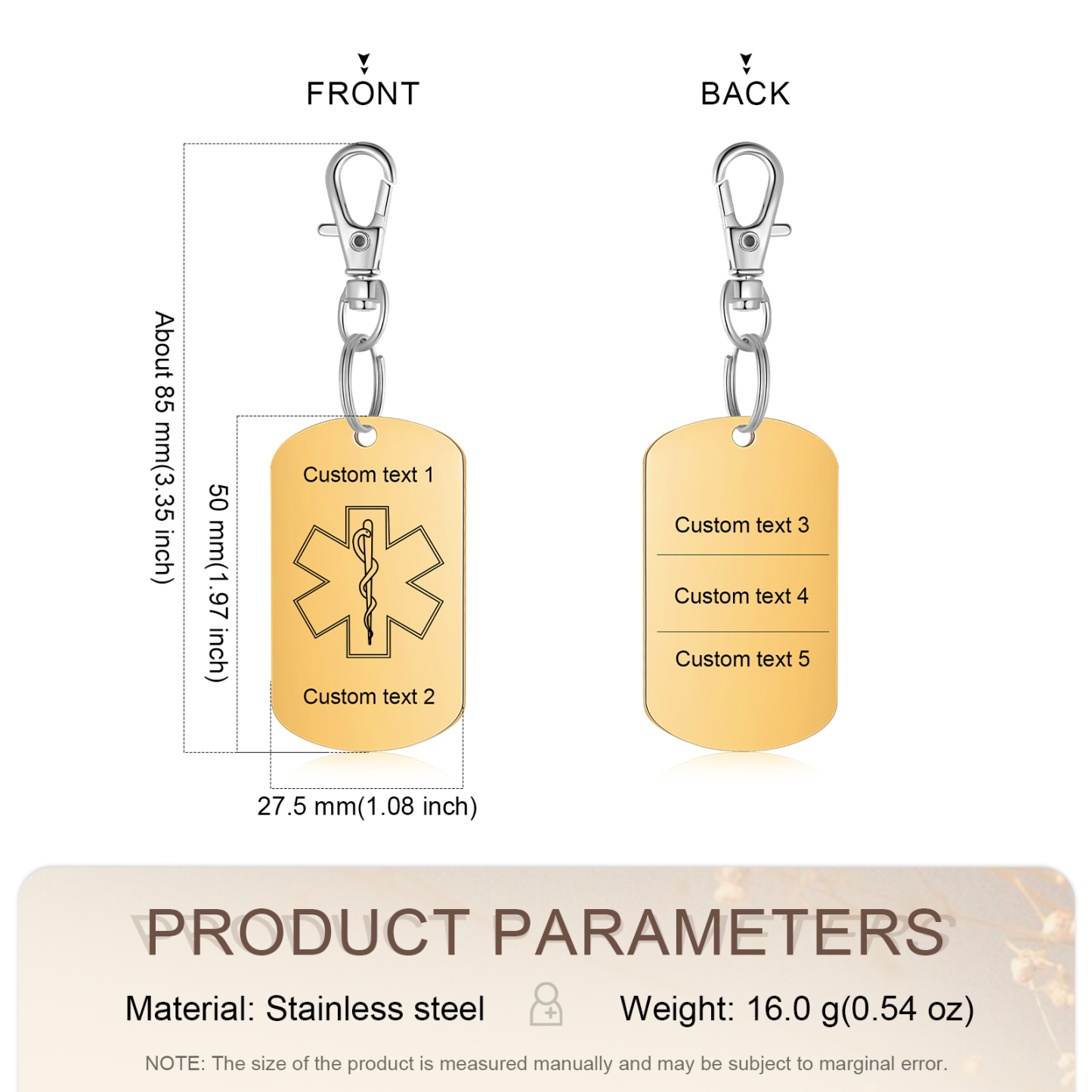 Personalised 5 Text Medical Life Star Stainless Steel Keyring for Men Women