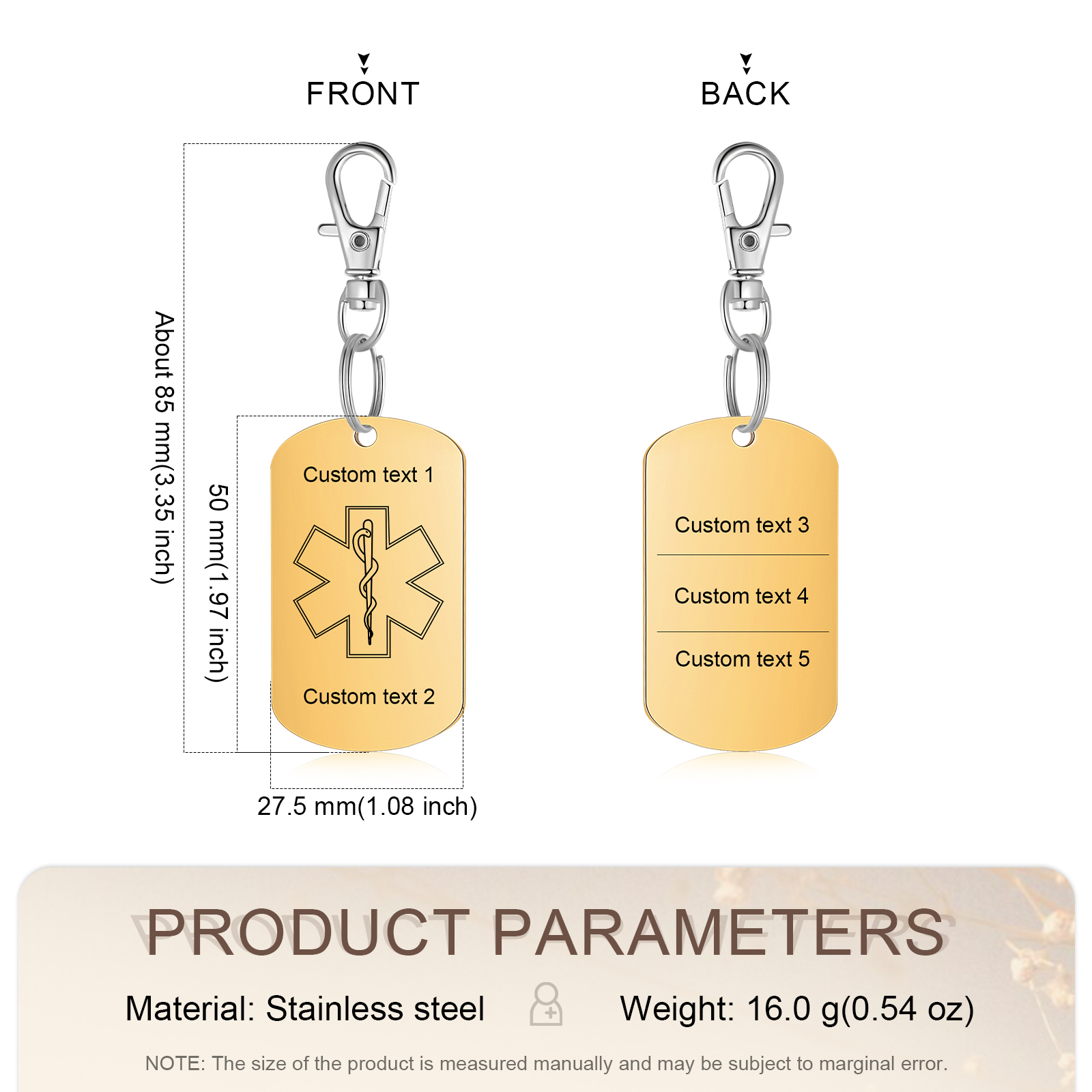 Personalised 5 Text Medical Life Star Stainless Steel Keyring for Men Women