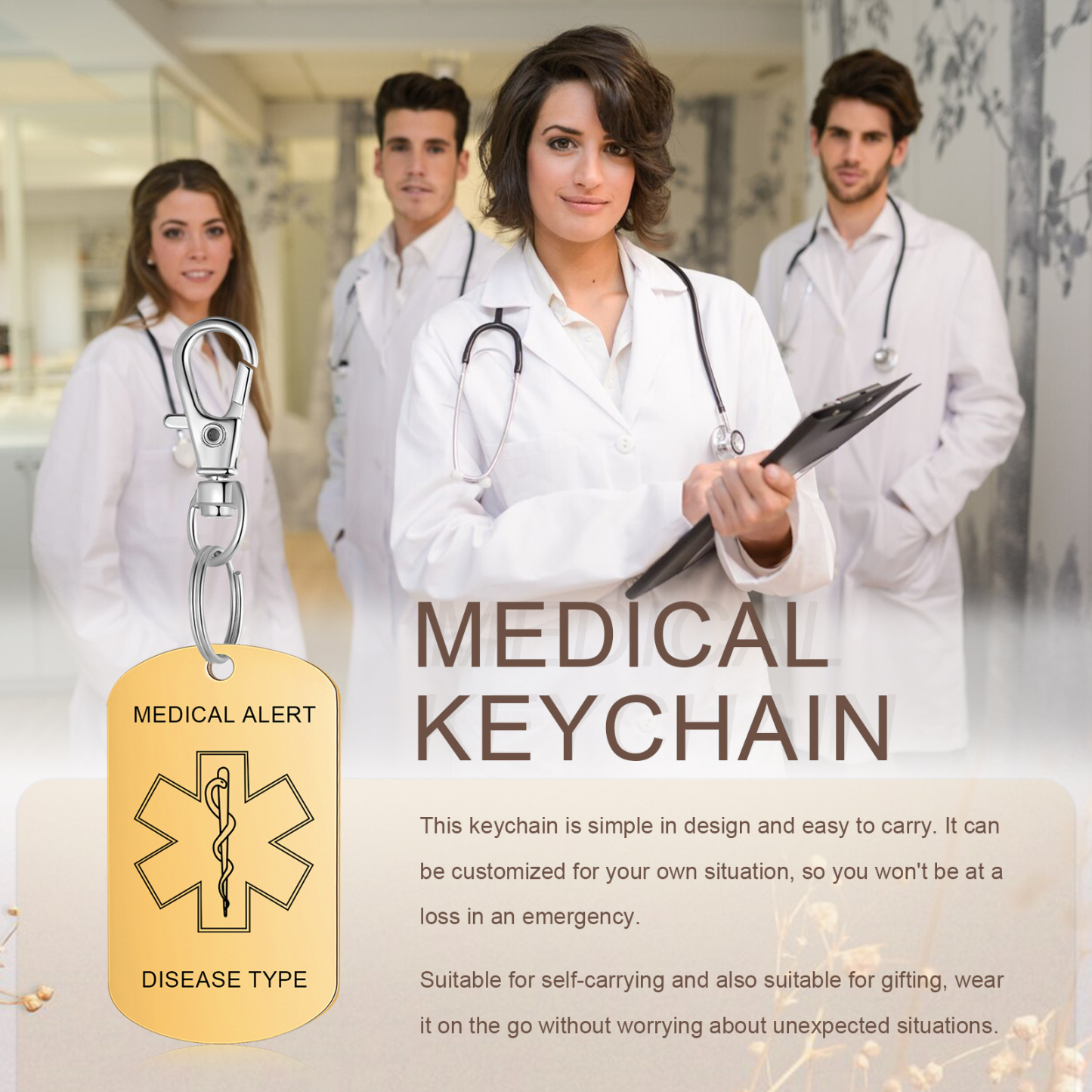 Personalised 5 Text Medical Life Star Stainless Steel Keyring for Men Women