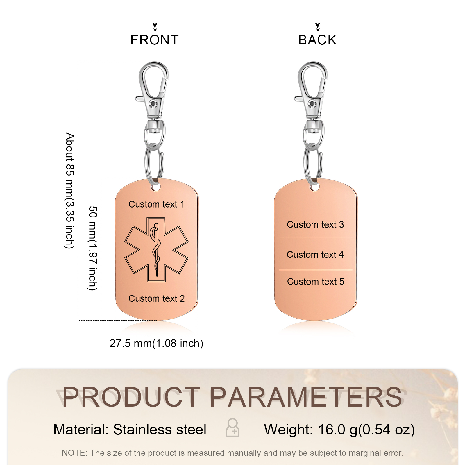 Personalised 5 Text Medical Life Star Stainless Steel Keyring for Men Women