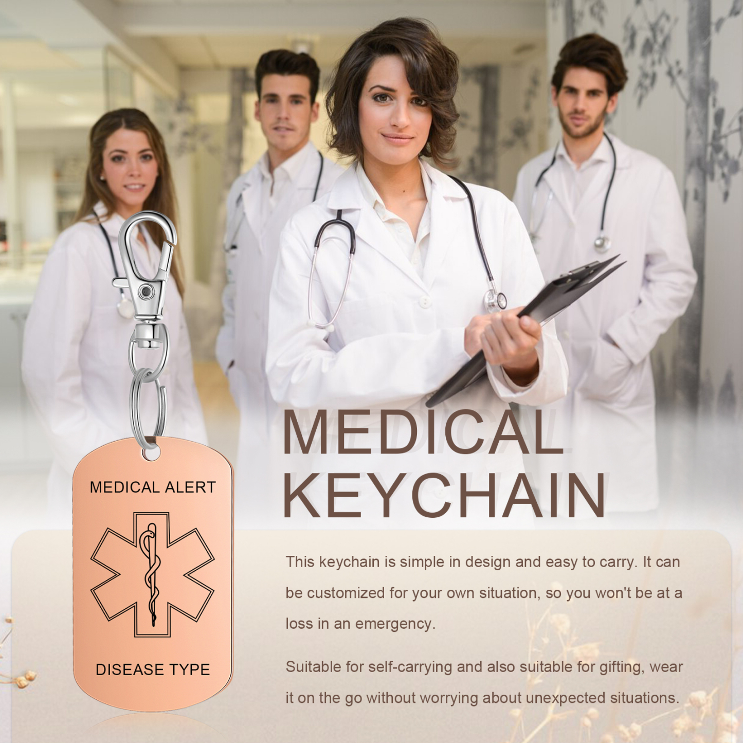 Personalised 5 Text Medical Life Star Stainless Steel Keyring for Men Women