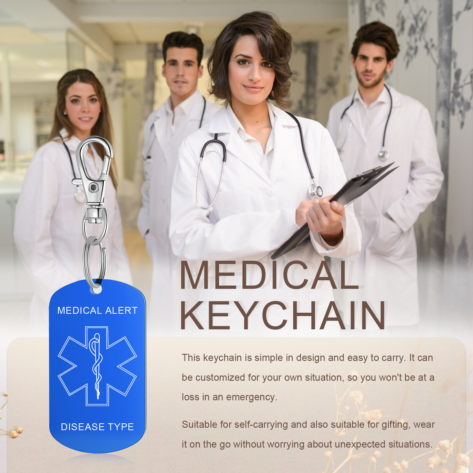 Personalised 5 Text Medical Life Star Stainless Steel Keyring for Men Women
