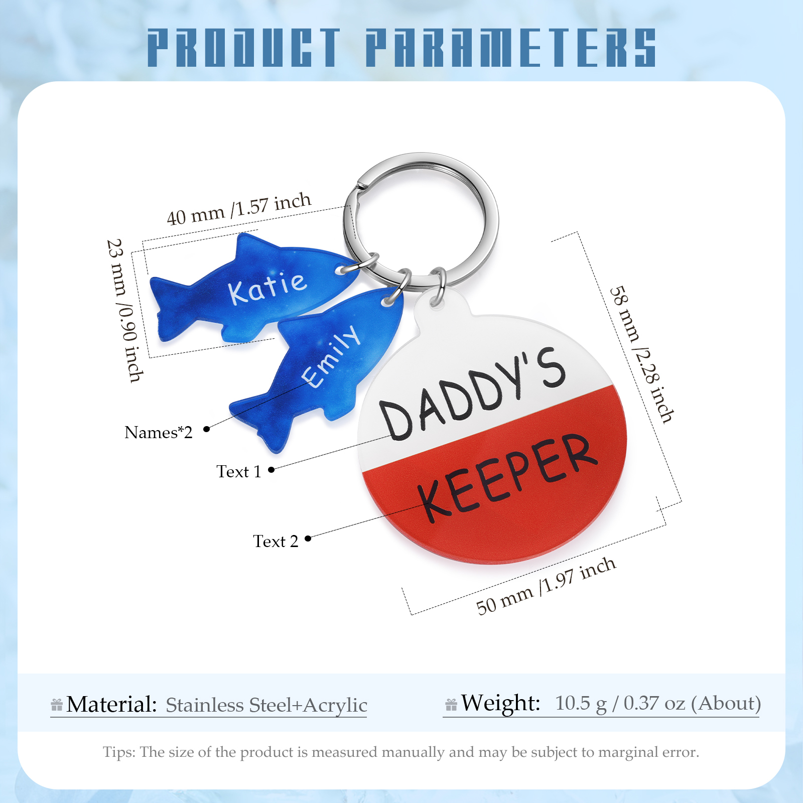 2 Names - Personalised Fish Keyring with Custom Text and Name Father's Day Gift for Dad