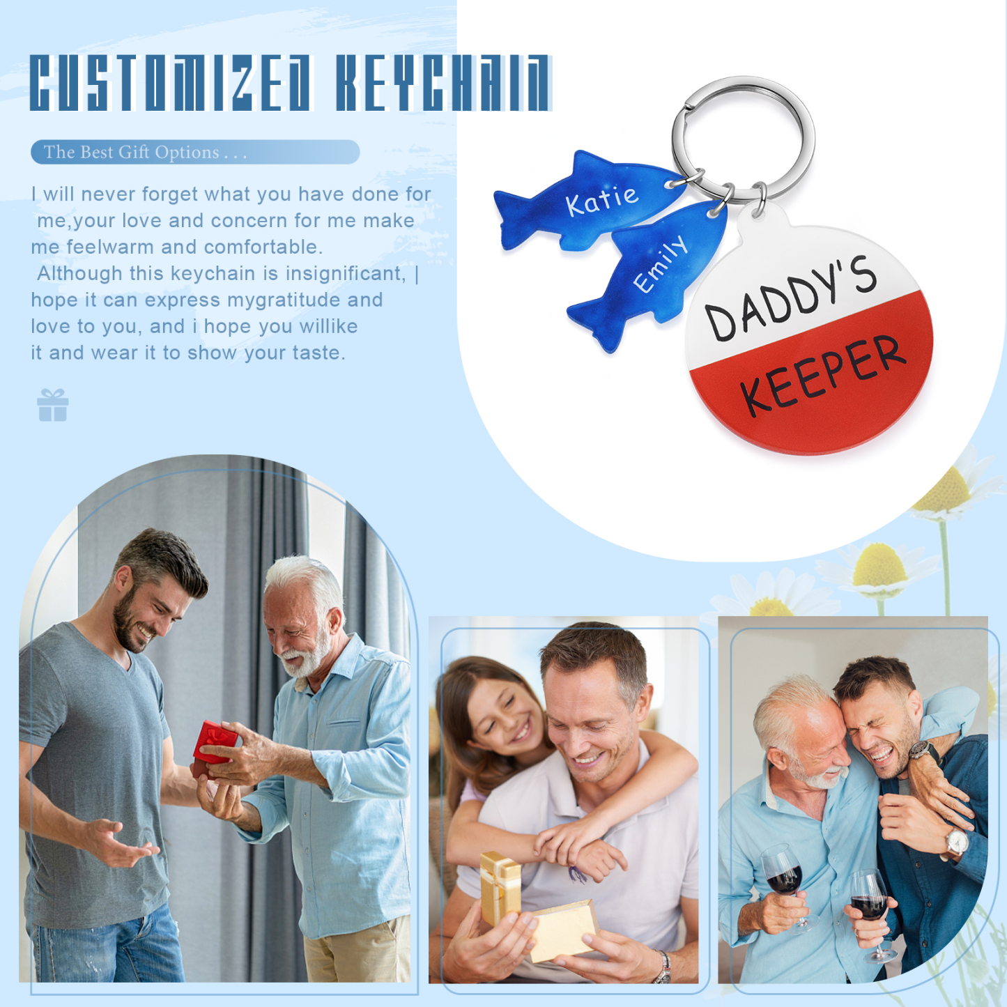 2 Names - Personalised Fish Keyring with Custom Text and Name Father's Day Gift for Dad