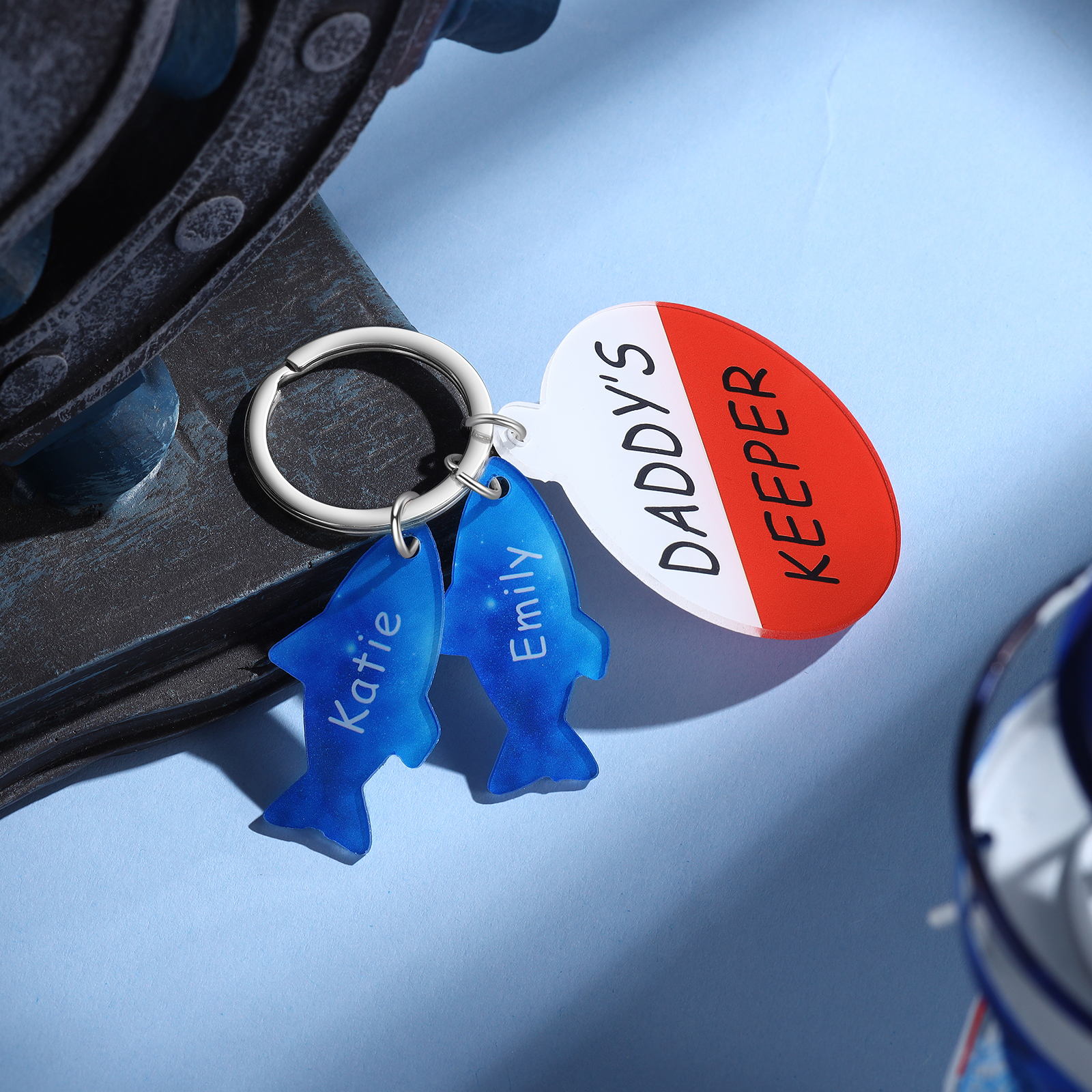 2 Names - Personalised Fish Keyring with Custom Text and Name Father's Day Gift for Dad