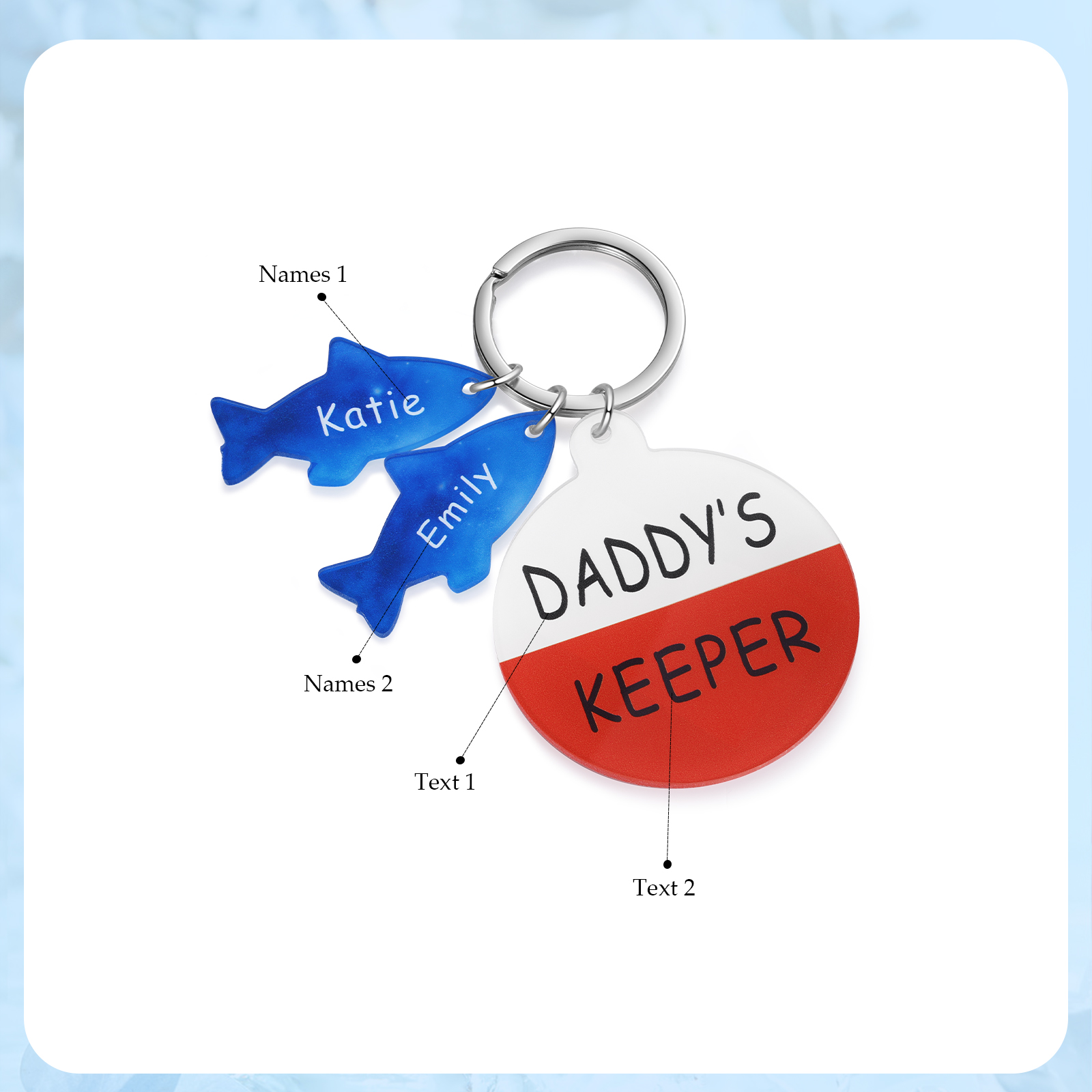 2 Names - Personalised Fish Keyring with Custom Text and Name Father's Day Gift for Dad