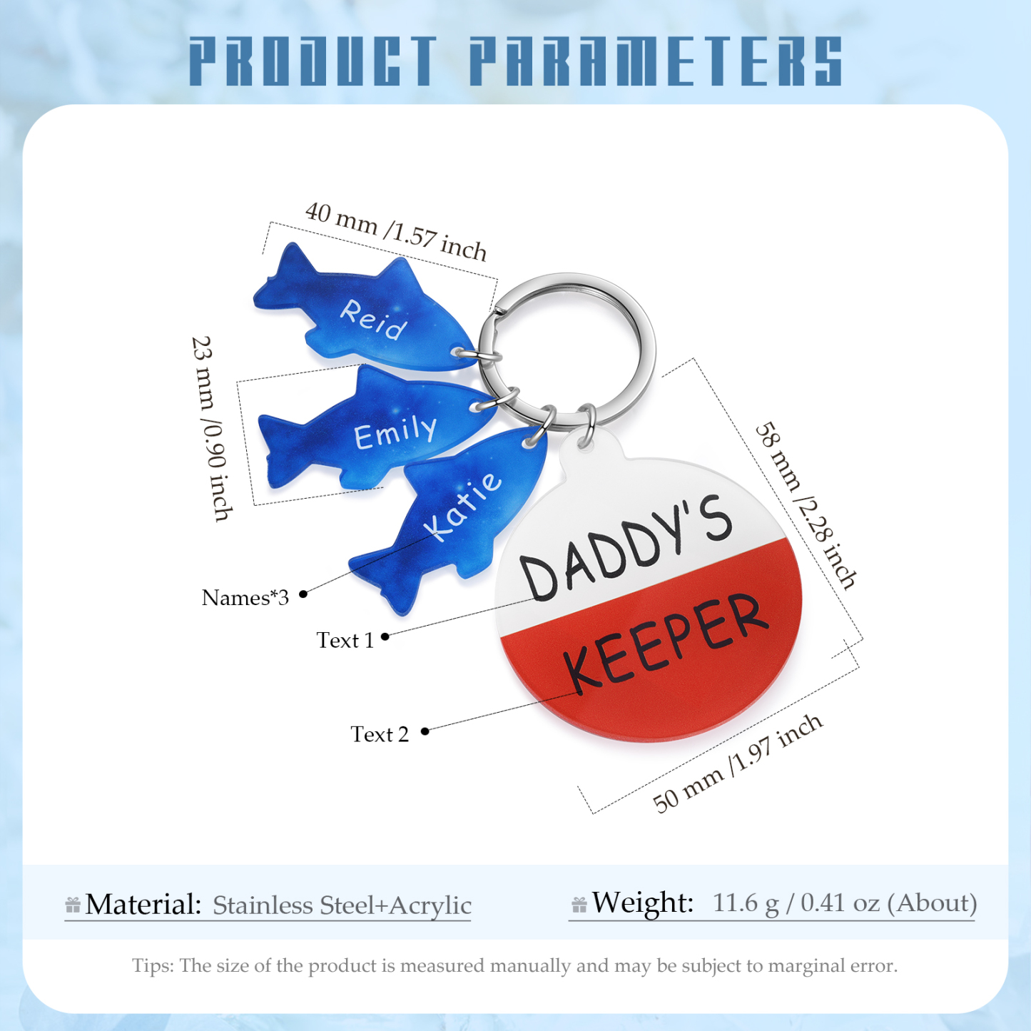 3 Names - Personalised Fish Keyring with Custom Text and Name Father's Day Gift for Dad