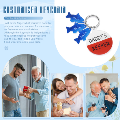 3 Names - Personalised Fish Keyring with Custom Text and Name Father's Day Gift for Dad