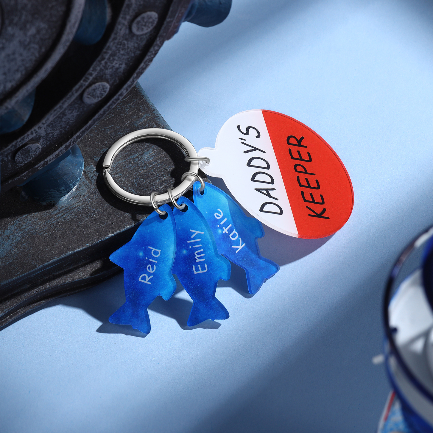 3 Names - Personalised Fish Keyring with Custom Text and Name Father's Day Gift for Dad