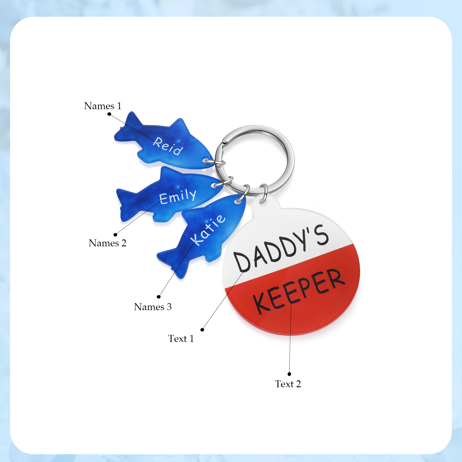 3 Names - Personalised Fish Keyring with Custom Text and Name Father's Day Gift for Dad