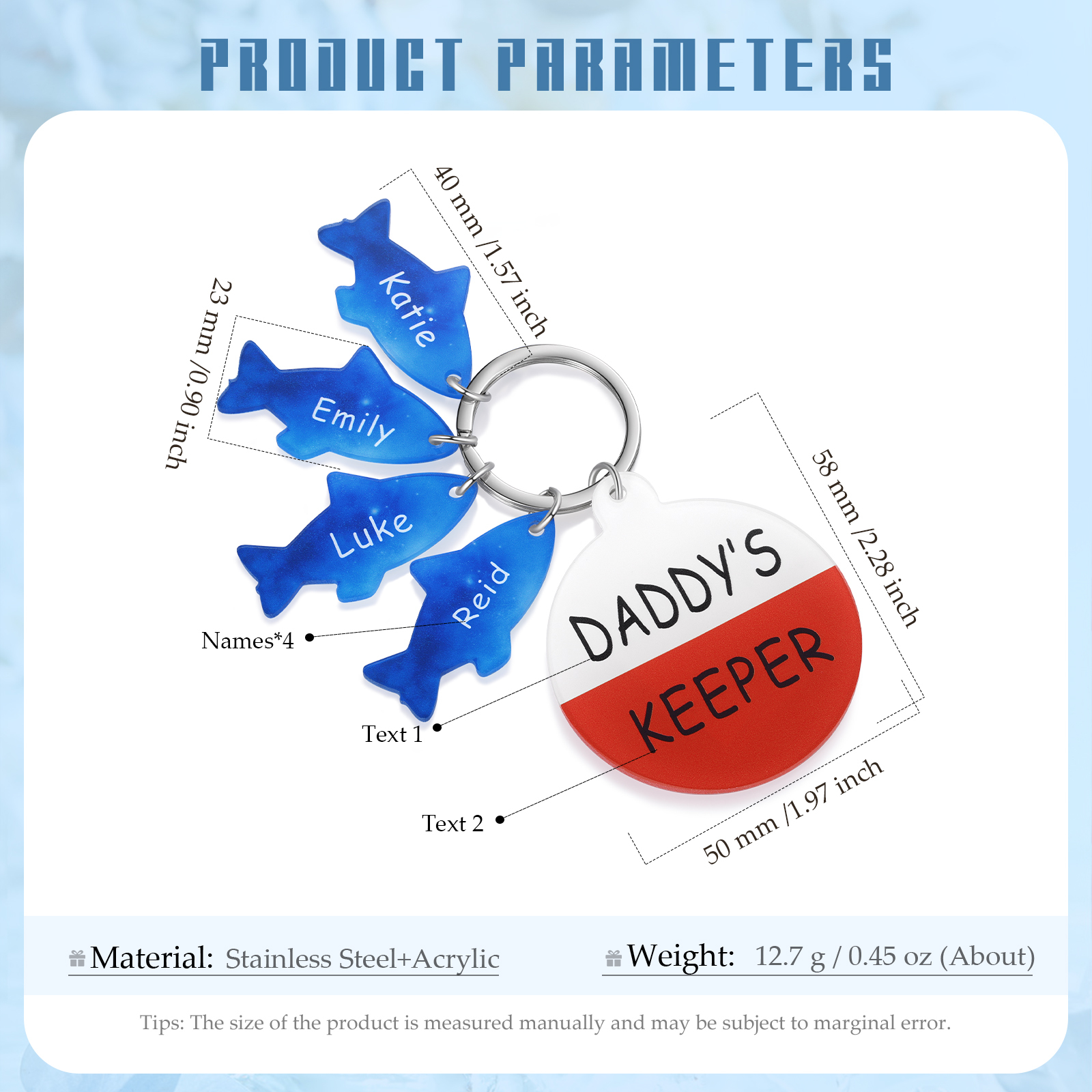 4 Names - Personalised Fish Keyring with Custom Text and Name Father's Day Gift for Dad