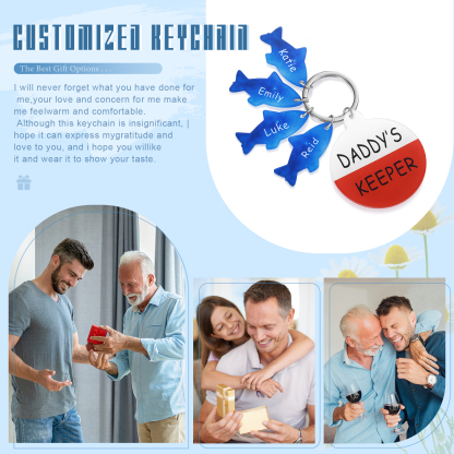 4 Names - Personalised Fish Keyring with Custom Text and Name Father's Day Gift for Dad