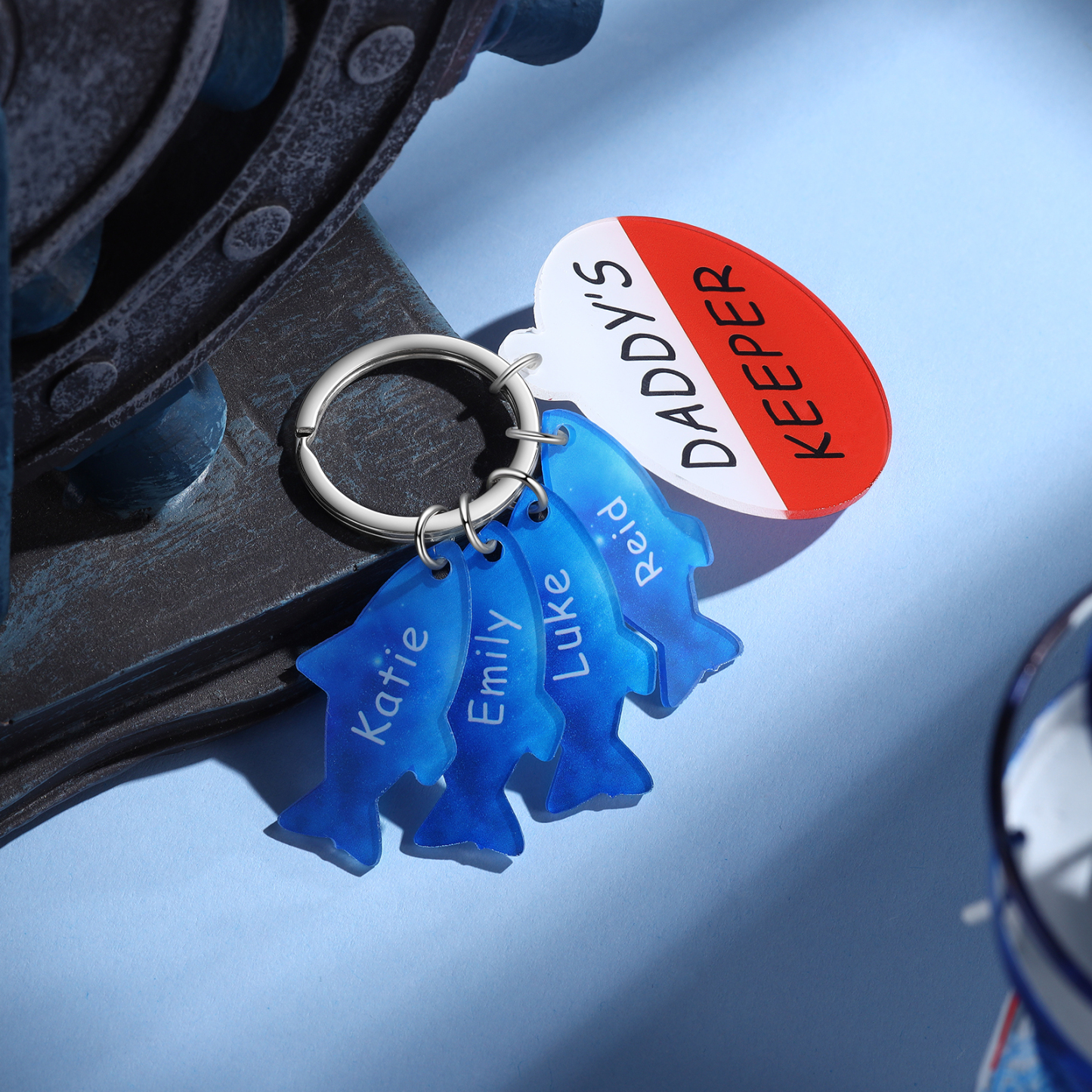 4 Names - Personalised Fish Keyring with Custom Text and Name Father's Day Gift for Dad