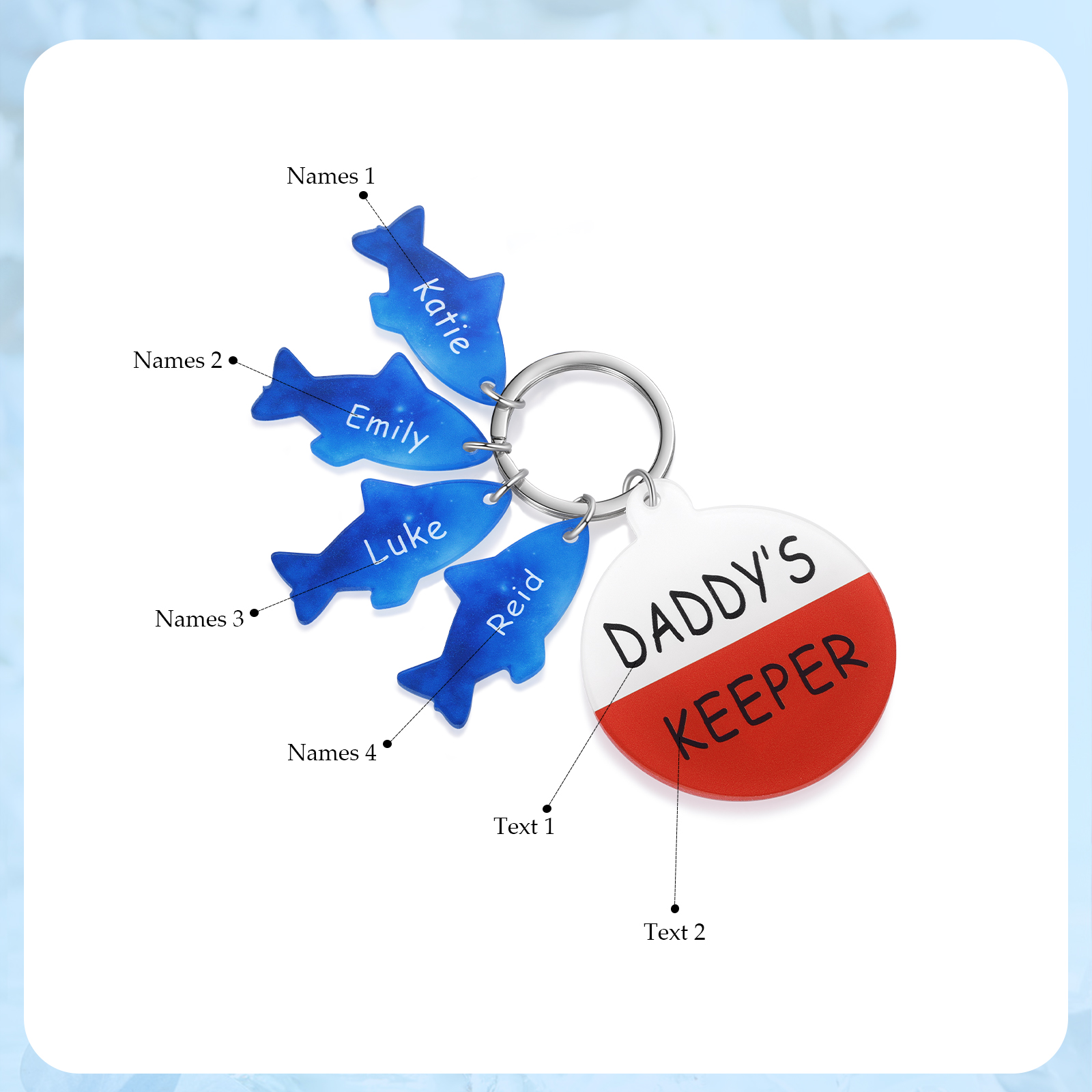 4 Names - Personalised Fish Keyring with Custom Text and Name Father's Day Gift for Dad