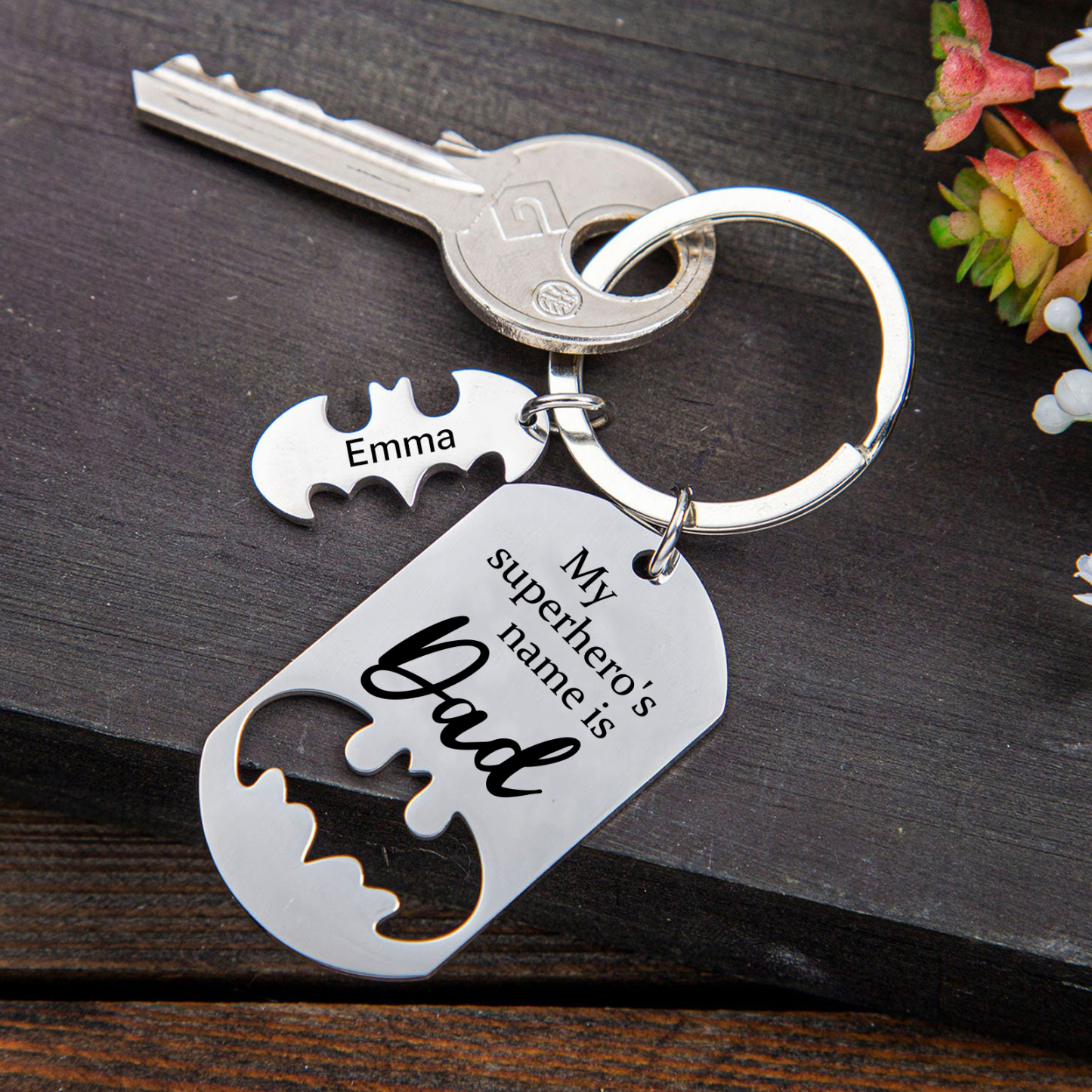 1 Names -Personalised Bat Keyring Father Keyring Gifts for Batman Dad - My Superhero's Name Is Dad