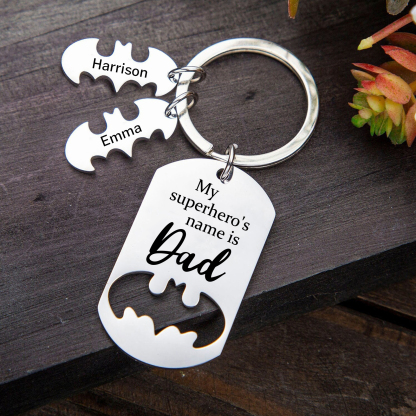 2 Names -Personalised Bat Keyring Father Keyring Gifts for Batman Dad - My Superhero's Name Is Dad