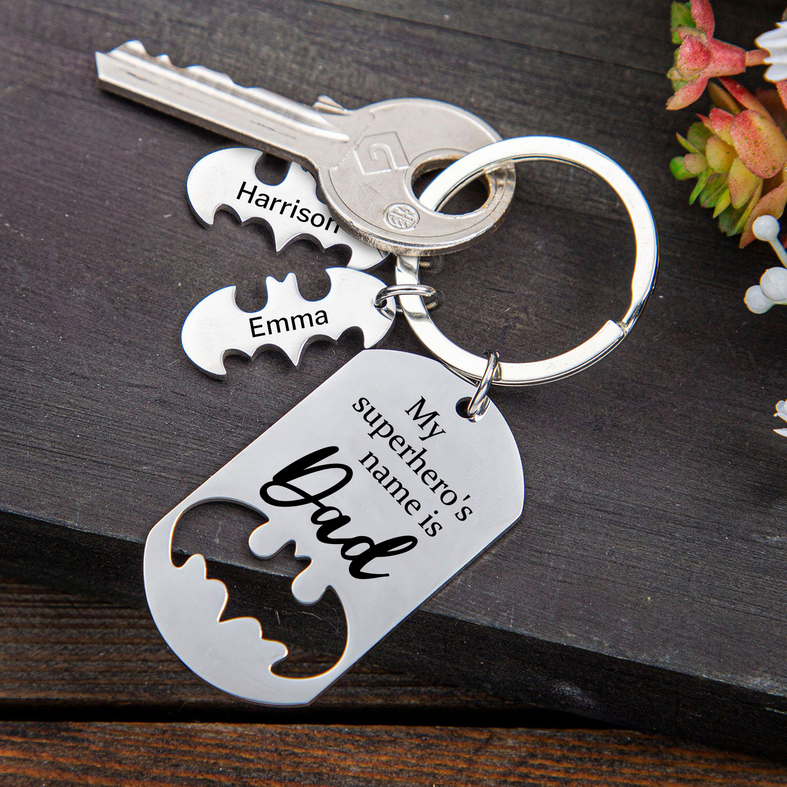 2 Names -Personalised Bat Keyring Father Keyring Gifts for Batman Dad - My Superhero's Name Is Dad