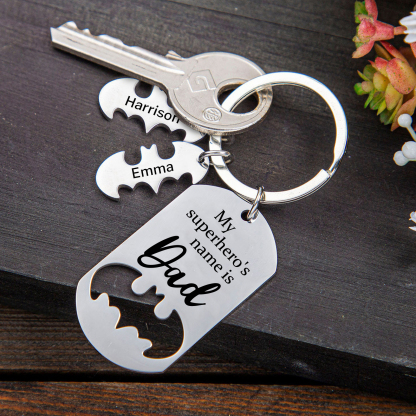 2 Names -Personalised Bat Keyring Father Keyring Gifts for Batman Dad - My Superhero's Name Is Dad