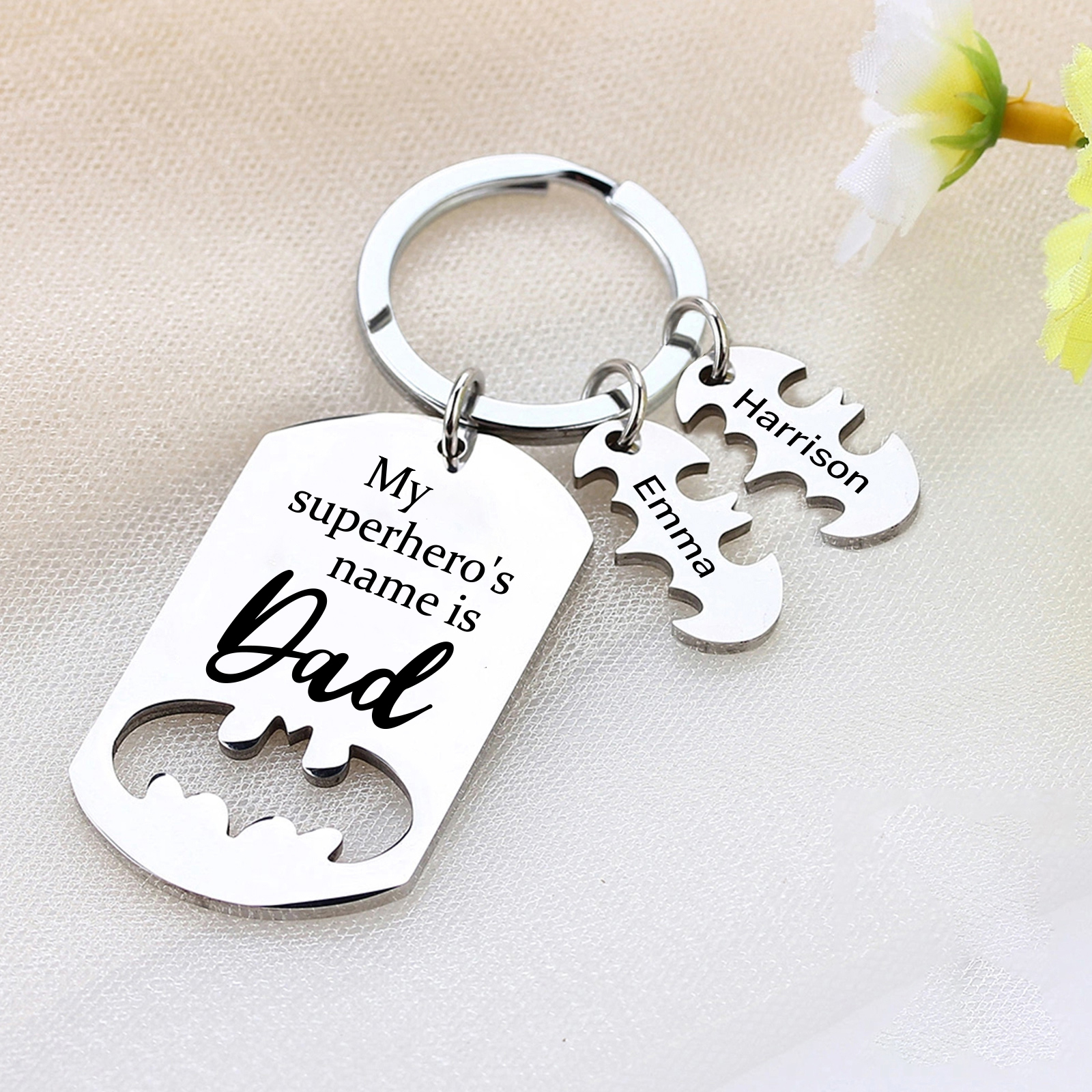 2 Names -Personalised Bat Keyring Father Keyring Gifts for Batman Dad - My Superhero's Name Is Dad