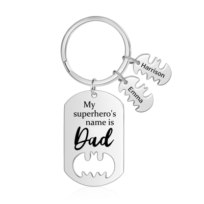 2 Names -Personalised Bat Keyring Father Keyring Gifts for Batman Dad - My Superhero's Name Is Dad