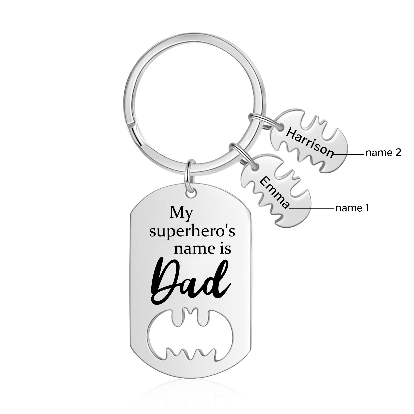 2 Names -Personalised Bat Keyring Father Keyring Gifts for Batman Dad - My Superhero's Name Is Dad