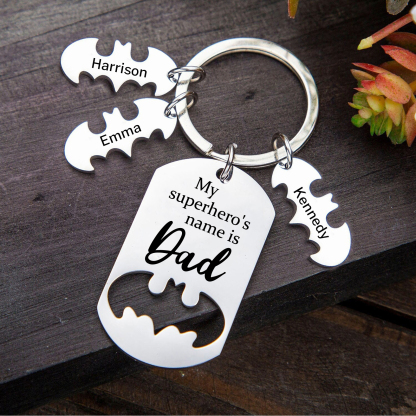 3 Names -Personalised Bat Keyring Father Keyring Gifts for Batman Dad - My Superhero's Name Is Dad