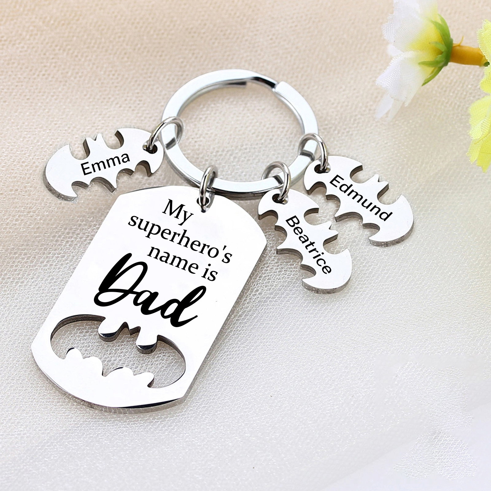 3 Names -Personalised Bat Keyring Father Keyring Gifts for Batman Dad - My Superhero's Name Is Dad