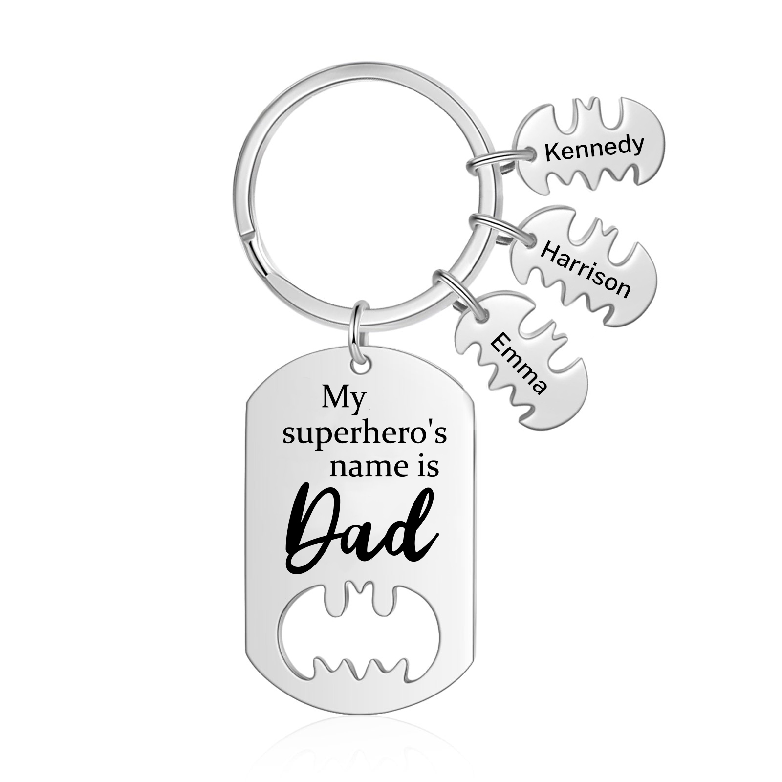 3 Names -Personalised Bat Keyring Father Keyring Gifts for Batman Dad - My Superhero's Name Is Dad