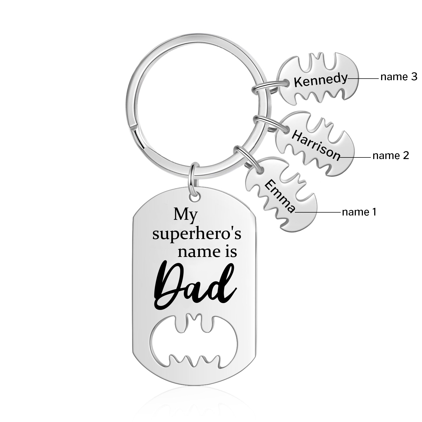 3 Names -Personalised Bat Keyring Father Keyring Gifts for Batman Dad - My Superhero's Name Is Dad