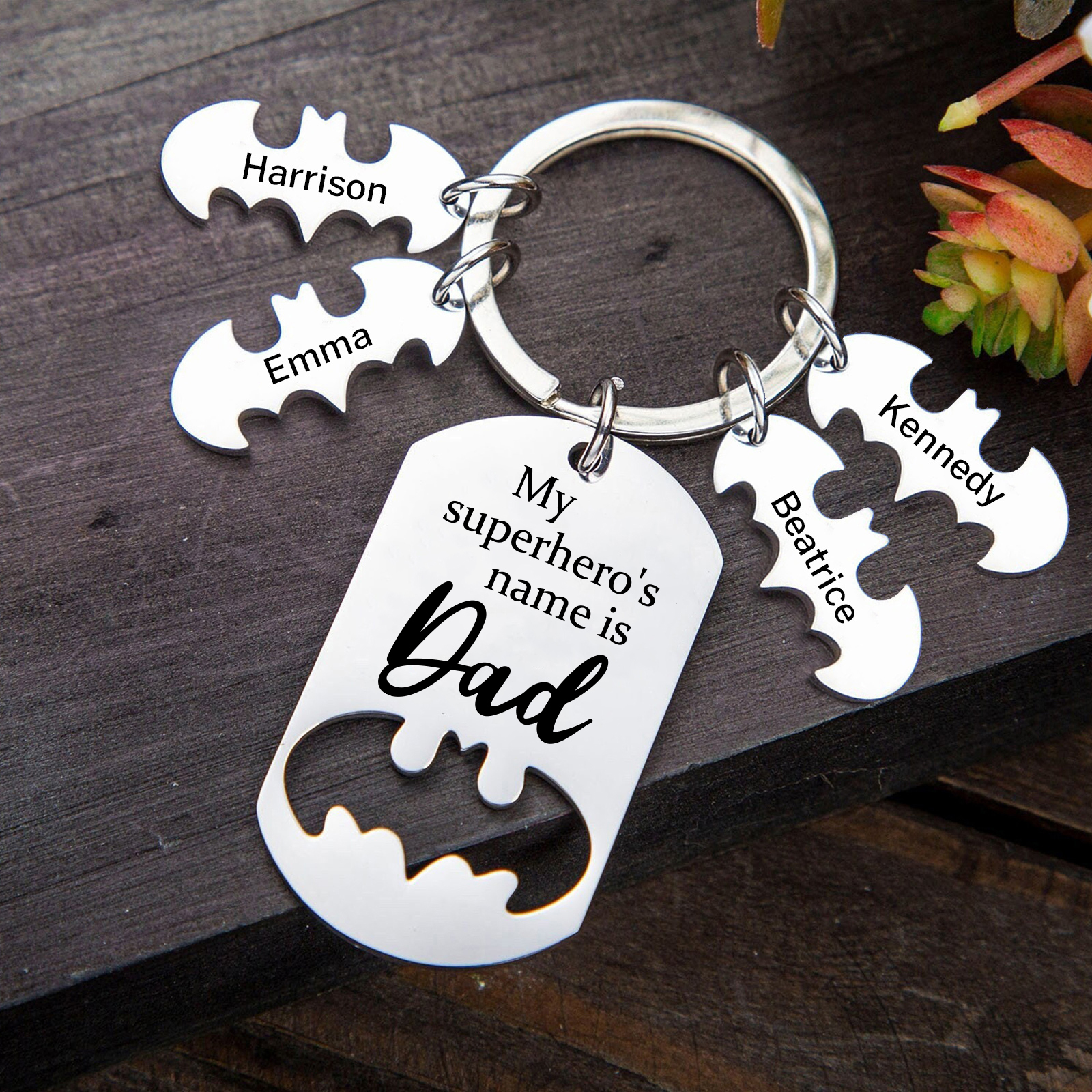 4 Names -Personalised Bat Keyring Father Keyring Gifts for Batman Dad - My Superhero's Name Is Dad