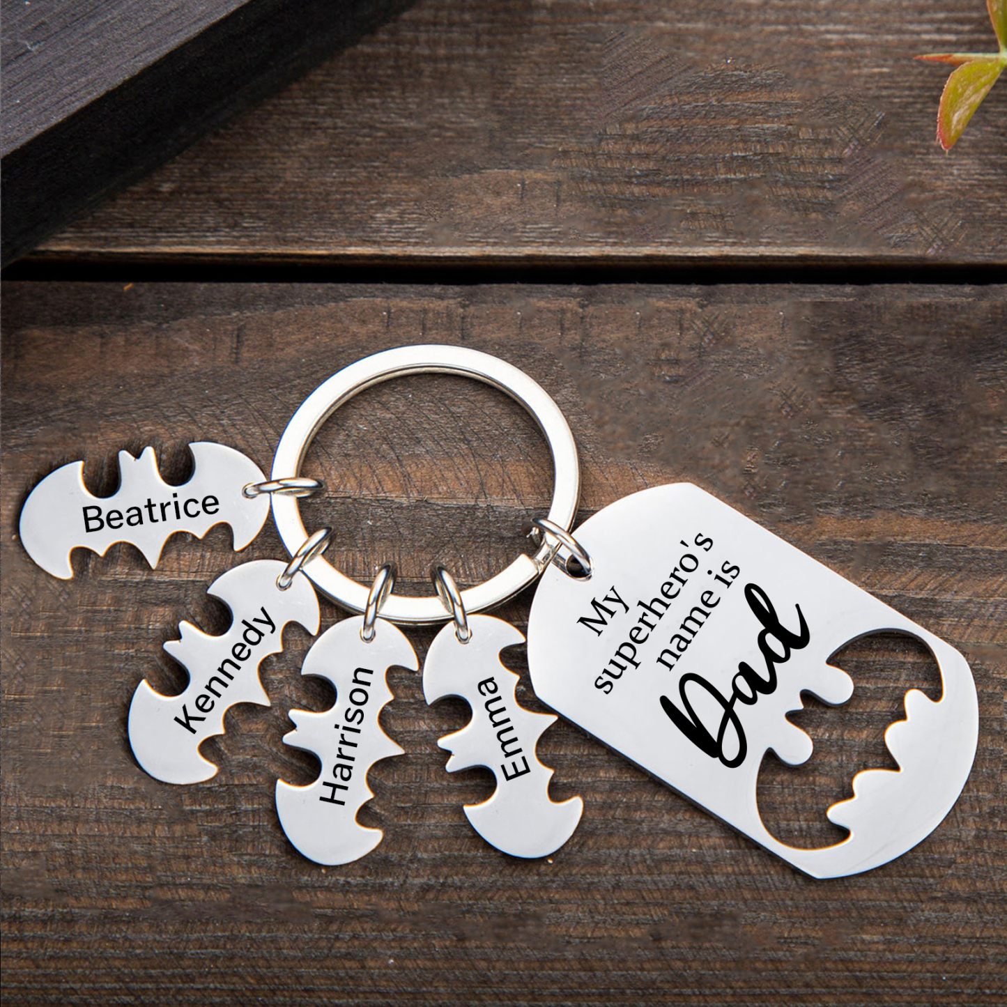 4 Names -Personalised Bat Keyring Father Keyring Gifts for Batman Dad - My Superhero's Name Is Dad