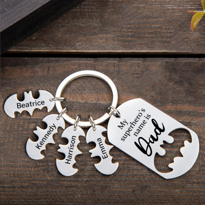 4 Names -Personalised Bat Keyring Father Keyring Gifts for Batman Dad - My Superhero's Name Is Dad