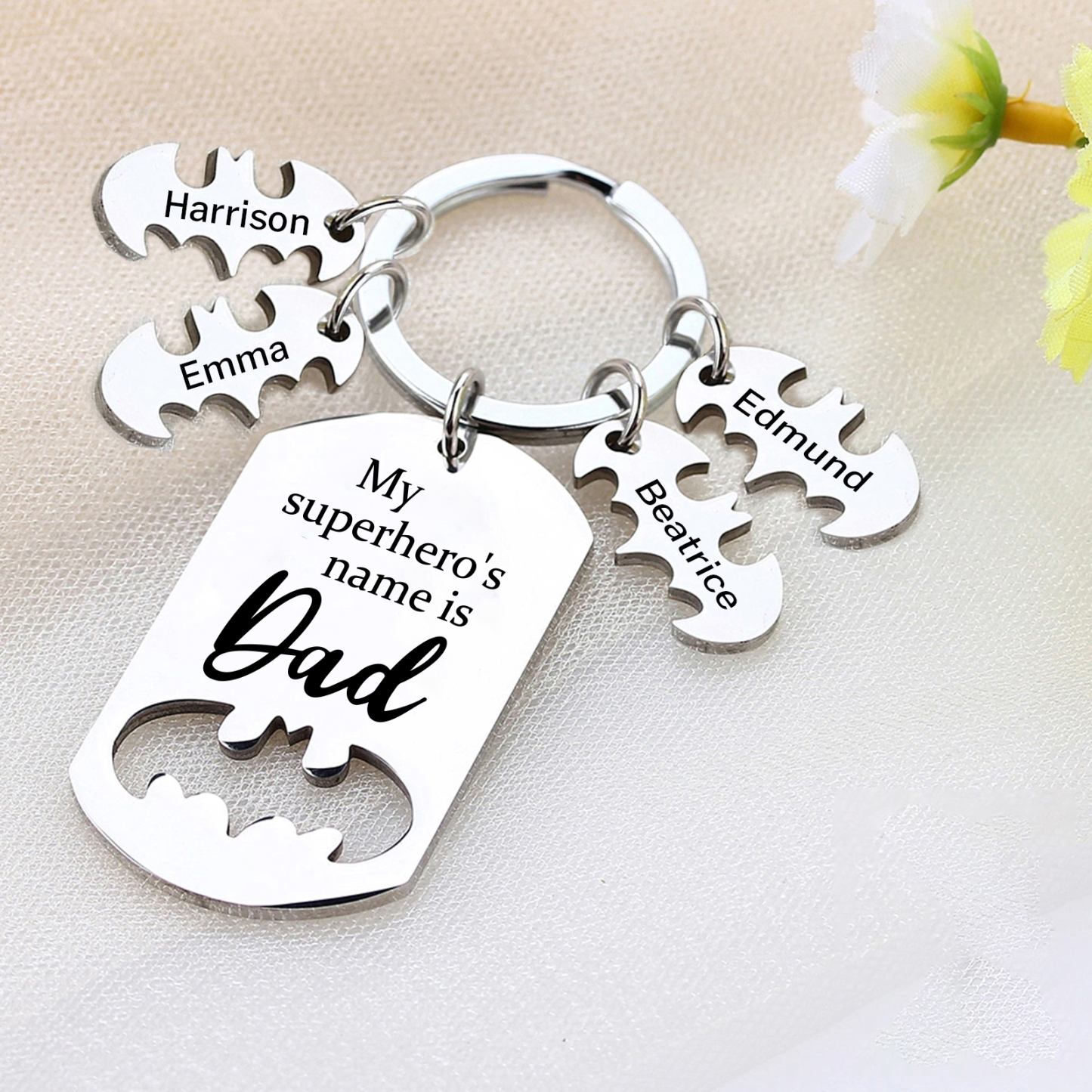 4 Names -Personalised Bat Keyring Father Keyring Gifts for Batman Dad - My Superhero's Name Is Dad