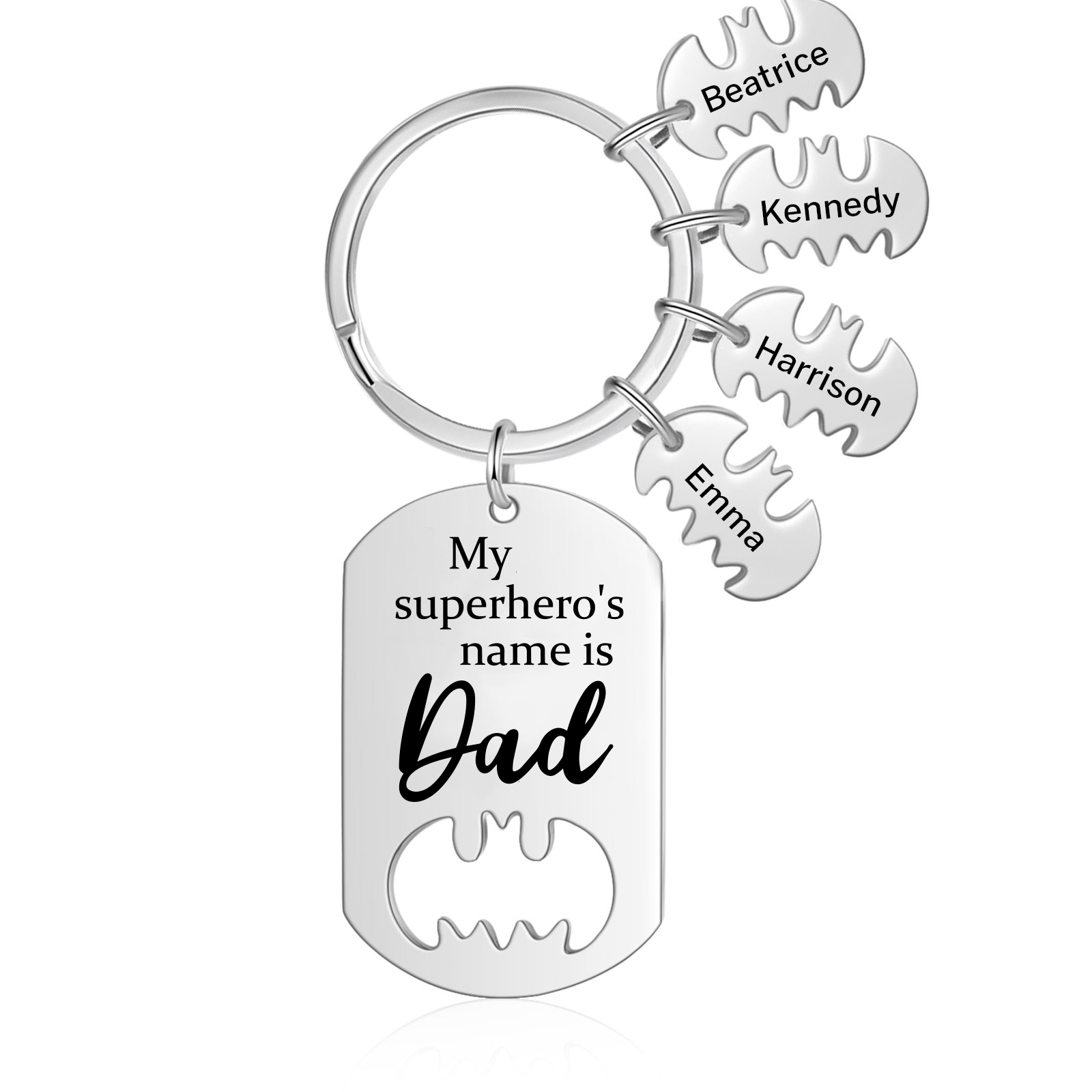 4 Names -Personalised Bat Keyring Father Keyring Gifts for Batman Dad - My Superhero's Name Is Dad