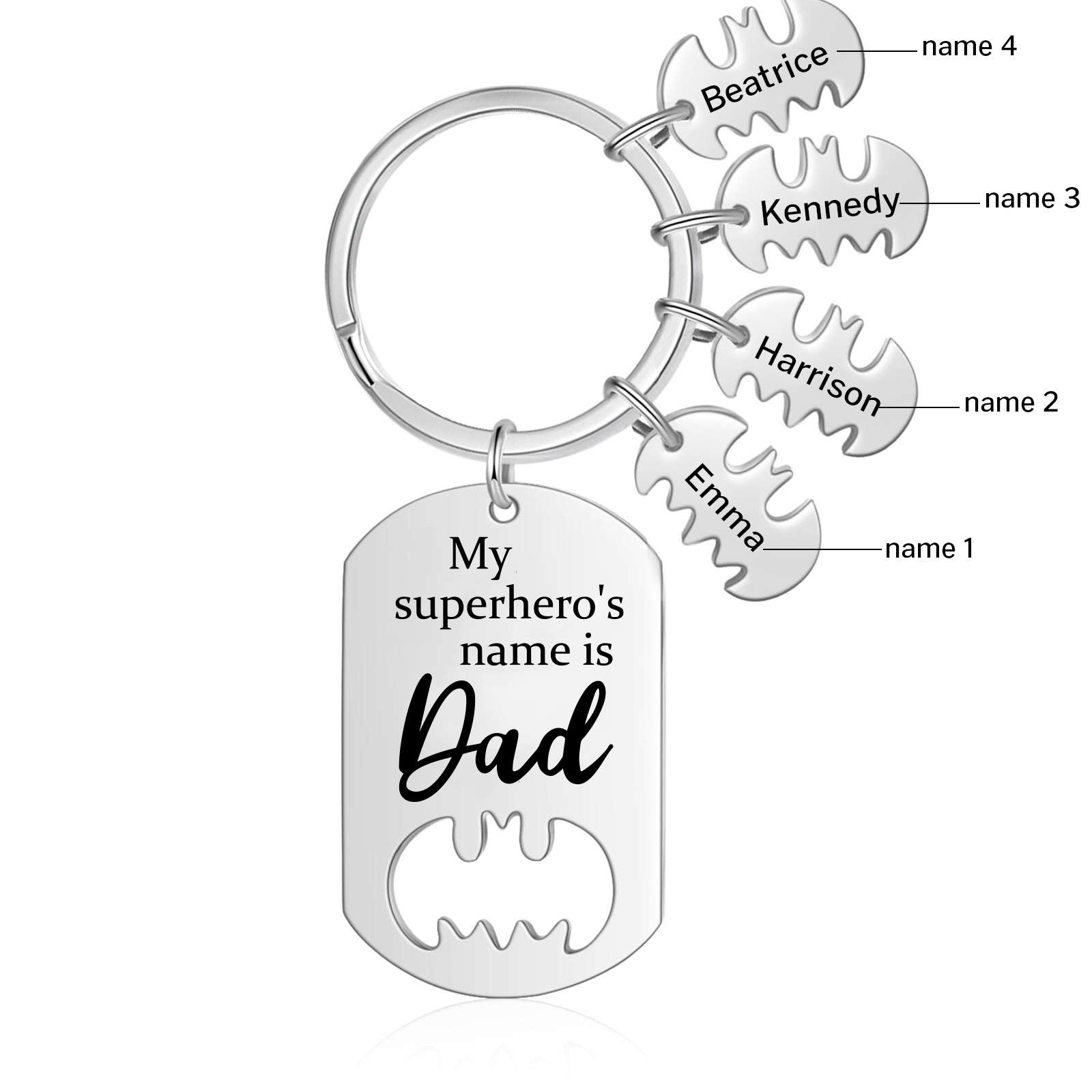 4 Names -Personalised Bat Keyring Father Keyring Gifts for Batman Dad - My Superhero's Name Is Dad