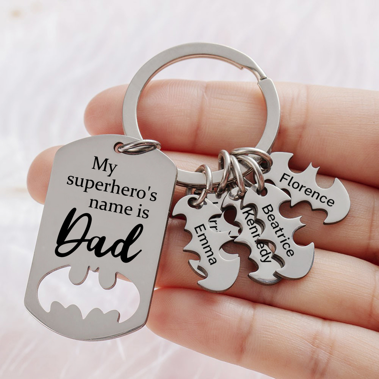 5 Names -Personalised Bat Keyring Father Keyring Gifts for Batman Dad - My Superhero's Name Is Dad
