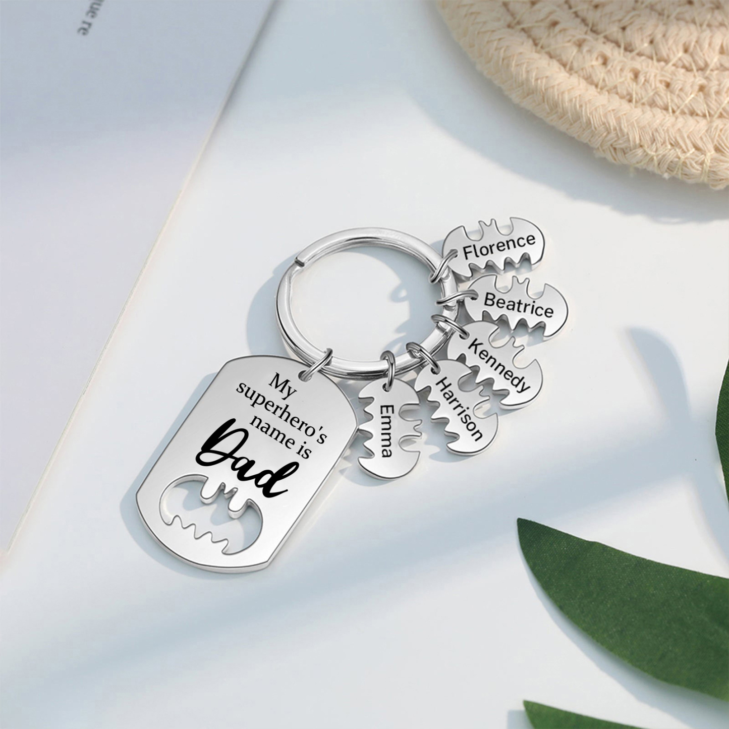 5 Names -Personalised Bat Keyring Father Keyring Gifts for Batman Dad - My Superhero's Name Is Dad
