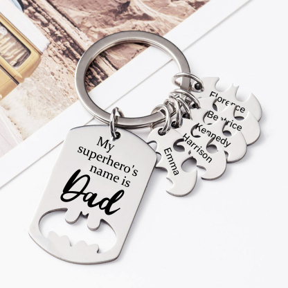 5 Names -Personalised Bat Keyring Father Keyring Gifts for Batman Dad - My Superhero's Name Is Dad