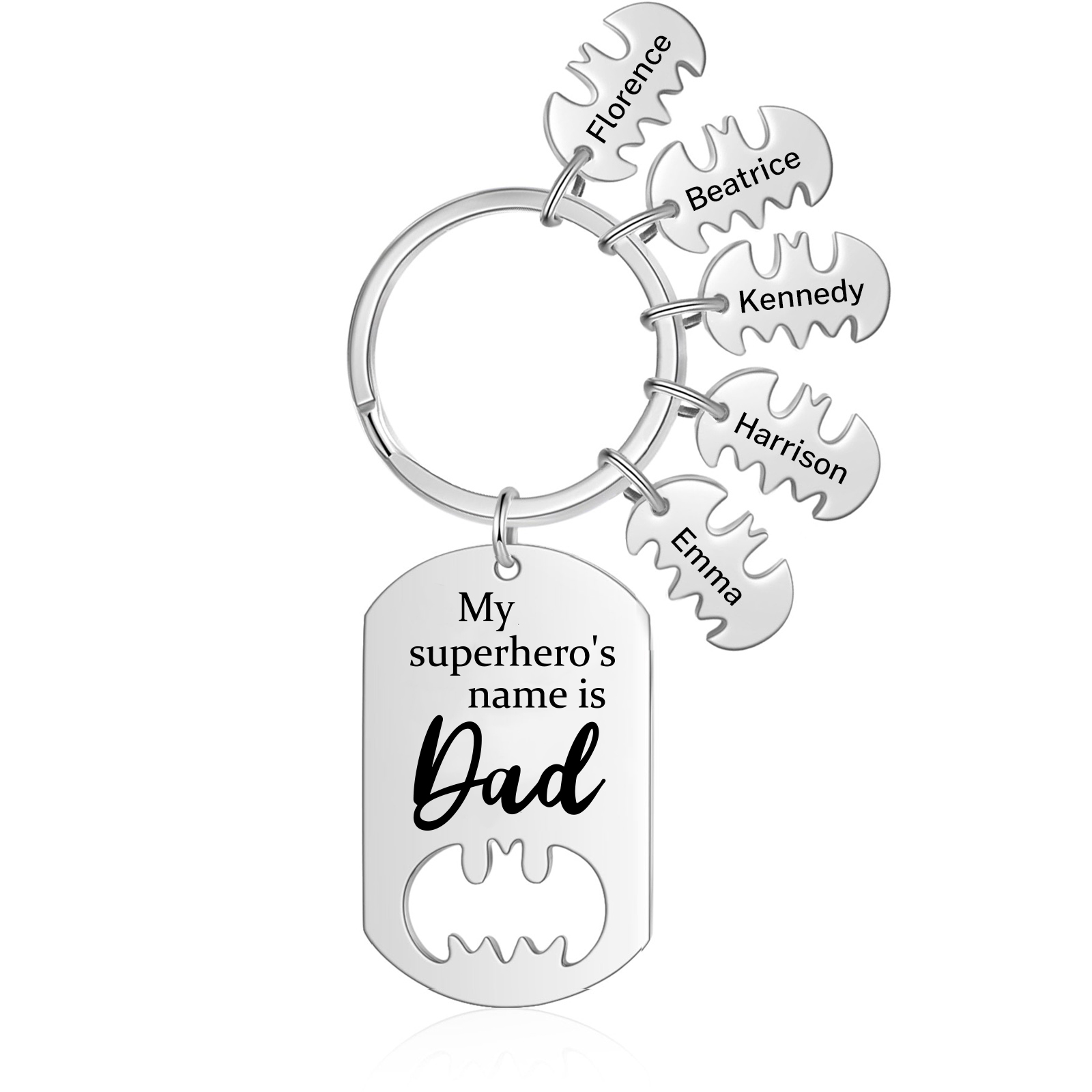 5 Names -Personalised Bat Keyring Father Keyring Gifts for Batman Dad - My Superhero's Name Is Dad